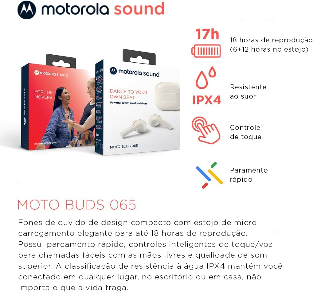 Motorola Moto Buds 065 Wireless Bluetooth Headphones - Wireless Headphones with Bluetooth 5.3 - Water-Resistant In-Ear Earphones - 15 M Wireless Range - Earbuds 17 Hours - Black image number 3