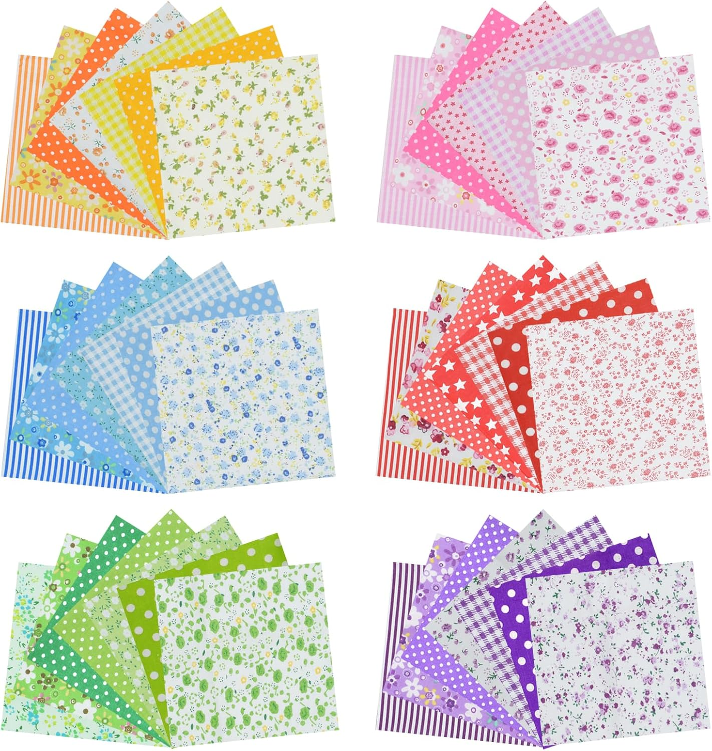 42Pcs 9.8"X 9.8" Fabric Quilting Cotton Patchwork Square Precuts for DIY Sewing Craft, Decorating Scrapbooking, Multi-Color Design, 6 Colors