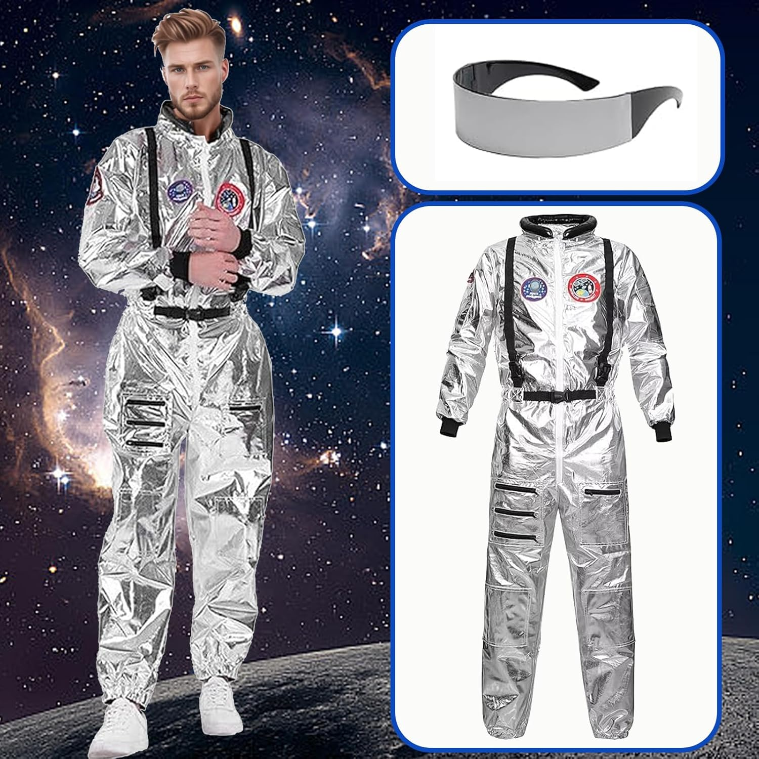 Men'S Astronaut Costume Jumpsuit Adult Shiny Silver Space Suit with Embroidered Patches and Pockets Halloween Spaceman Costume image number 5