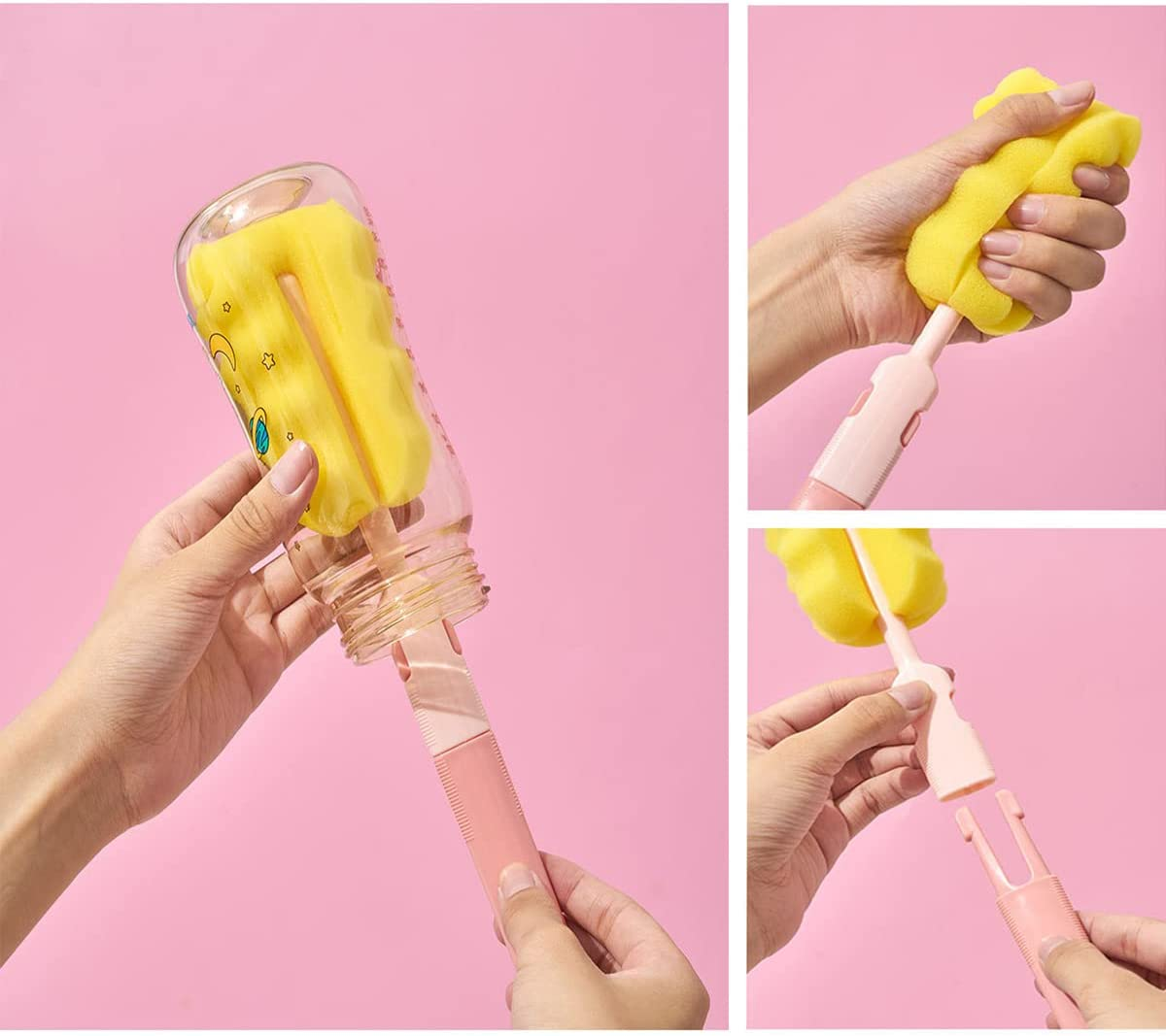 Baby Bottle Cleaner Brush, Non-Slip Long Handle Bottle Cleaning Brush, Feeding Bottle Cleaning Brush, Nipple Cleaner, Straw Cleaning Brush, Sponge Brush, Kitchen Washing Kit image number 6