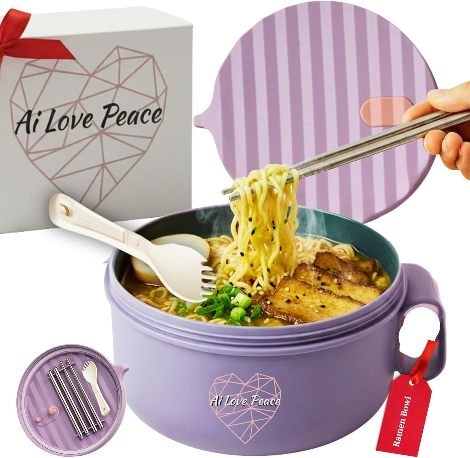 Ai Love Peace Ramen Bowl, 40 Oz Microwaveable Noodle Cooker for Ramen, Pho, Soup, and Pasta, Dishwasher Safe and Portable, Ideal for Home, Office, Dorm, or Gift (Purple) image number 4