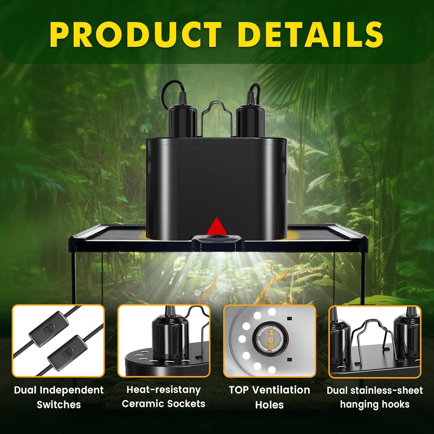 Lamptobe Dual Reptile Light Fixture, Max 200W Each Reptile Heat Lamp Fixture with Switches, Fits Reptile Light/Heat Lamp/Uvb Light for Lizards, Turtles, Snakes, and Amphibians（Without Bulb） image number 2