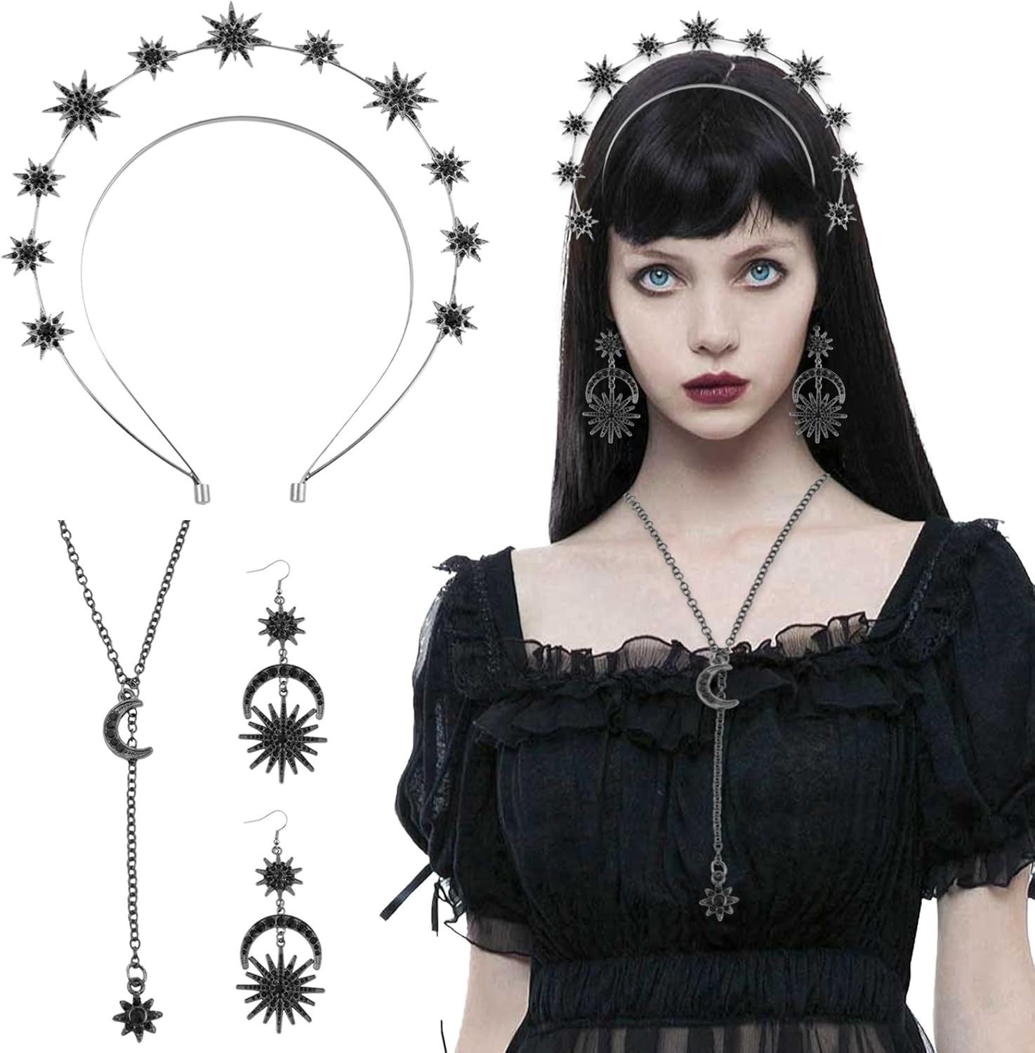 TYXHXTF 4Pcs Star Headband, Crown with Haly Layer, Rhinestone Hair Band, with Necklace and Earrings, Headband for Women and Girls image number 4