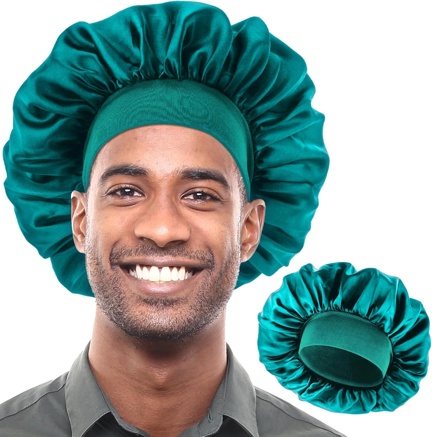 Bonnet for Men, Silk Satin Sleep Cap Single Layer Elastic Band Stretchy Tie Band Wide Soft Adjustable Hair Cap Large Silk Bonnets for Women Curly Hair Sleeping Black, Black, 3