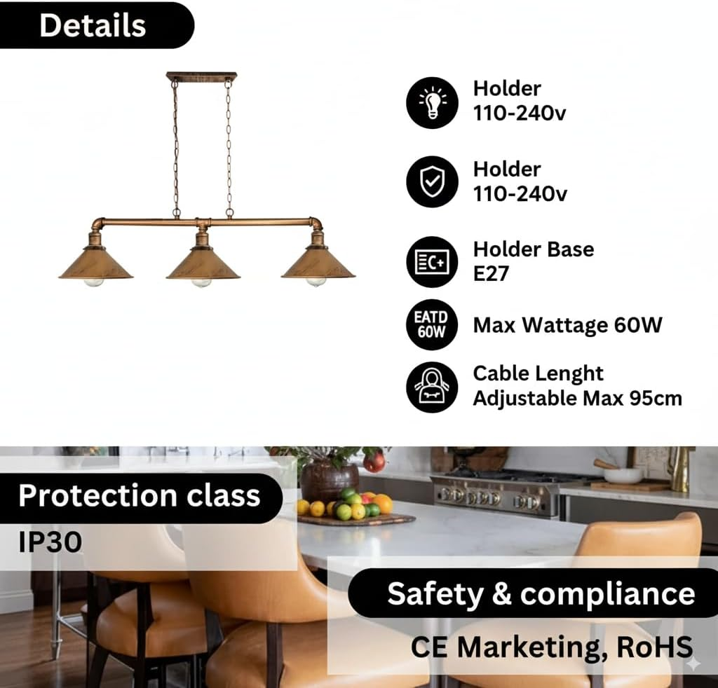 Ledsone Industrial 3 Way Vintage Retro Style Steampunk Pipe Light Bar with Lamp Shade Pendant Light Fitting Metal Pipe Lighting Ceiling Light image number 3