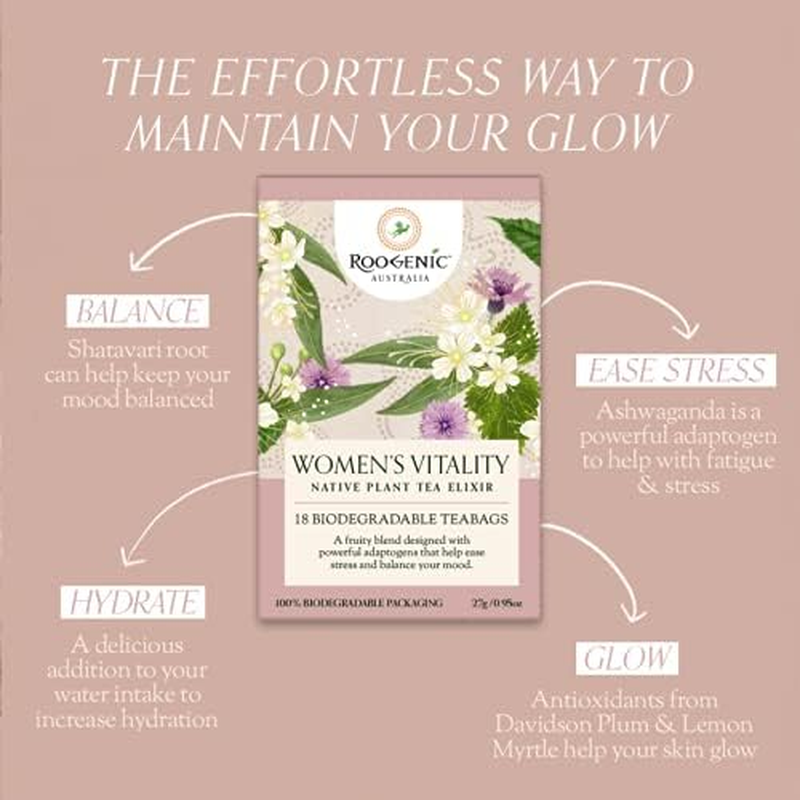 Roogenic Women'S Vitality Native Plant Tea Elixir Tea Bags in Box, 18 Biodegradable Tea Bags