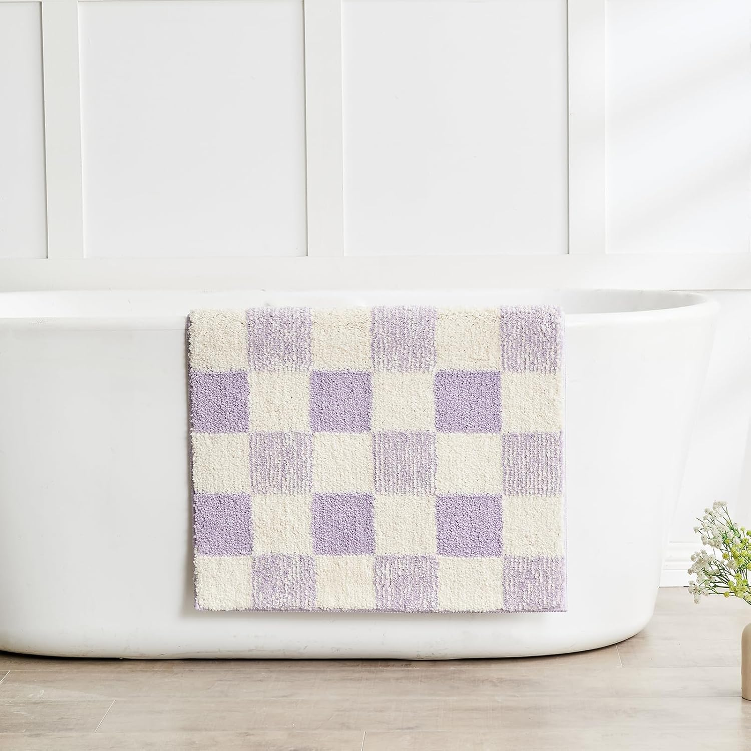 Cozecube Bath Mats for Bathroom Non Slip, Fluffy Absorbent Microfiber Bath Mat Washable, Aesthetic Bathroom Rugs, Small Purple Checkered Bath Mat, Lavender, 24" X 16" image number 7