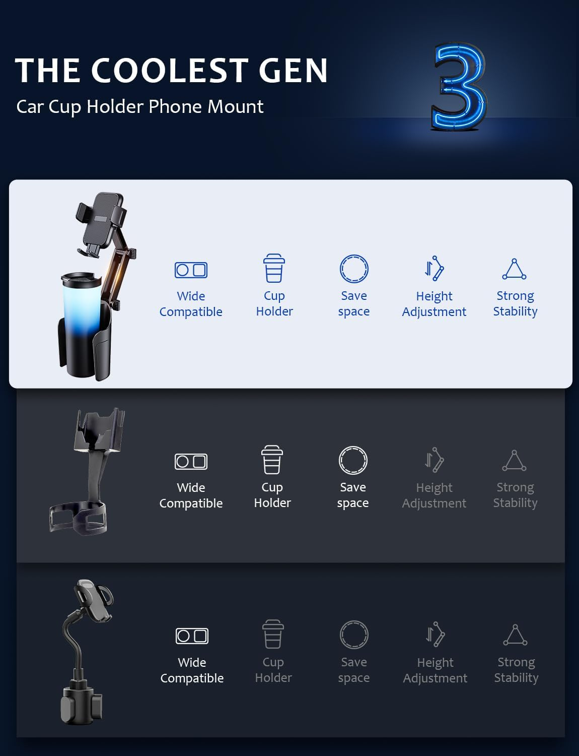 Car Cup Holder Phone Mount: [Bottle Friendly] Car Cell Phones Cup Stand Expander with Height Adjustable Arm Fit for Truck | SUV | Automobile Compatible with Iphone & Samsung & Android Smartphones image number 5