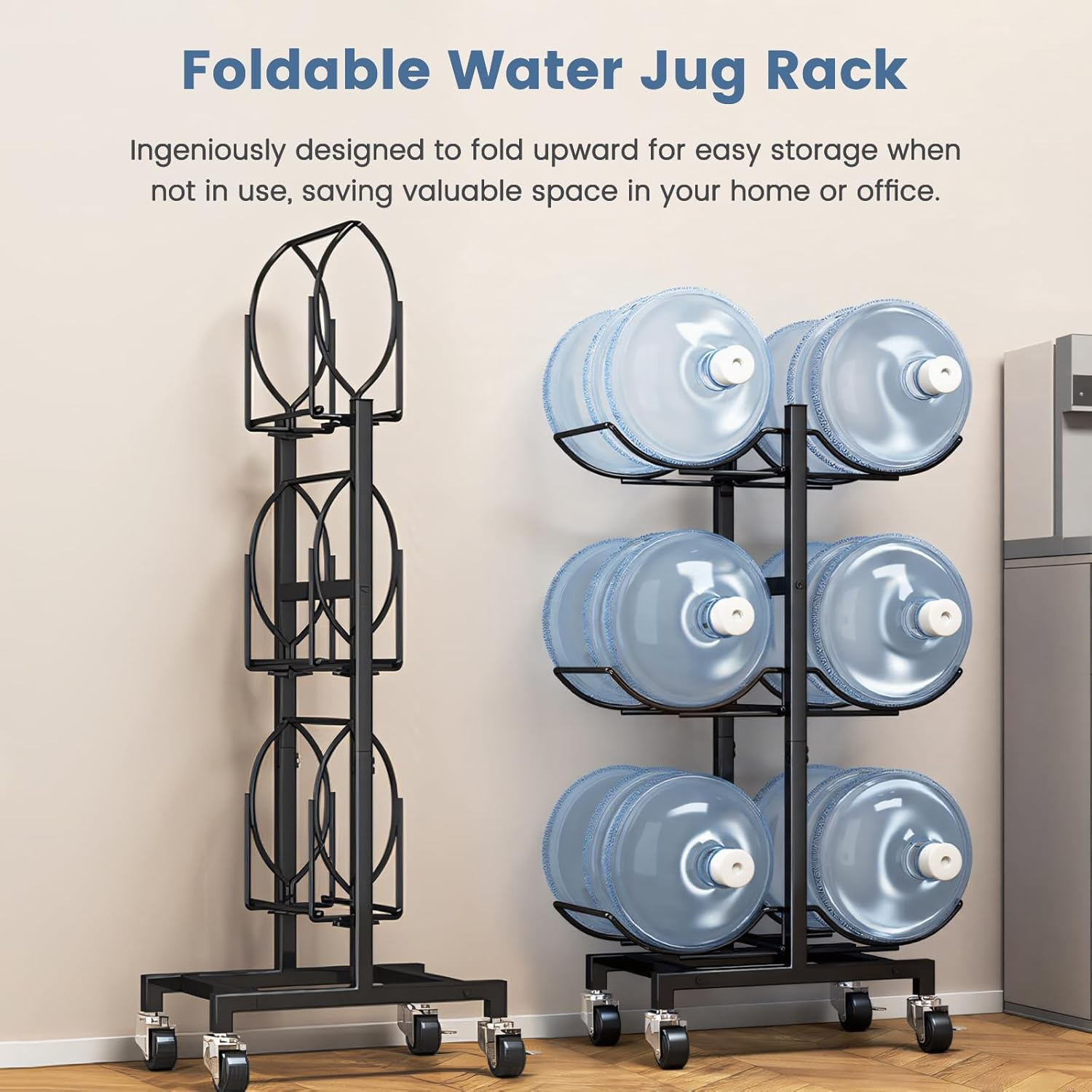 5 Gallon Water Jug Holder with 4 Wheels, 3-Tier Movable Water Bottle Rack Heavy Duty Foldable Water Jug Stand Water Bottle Holder Water Cooler Jug Storage Rack for 6 Bottles image number 1