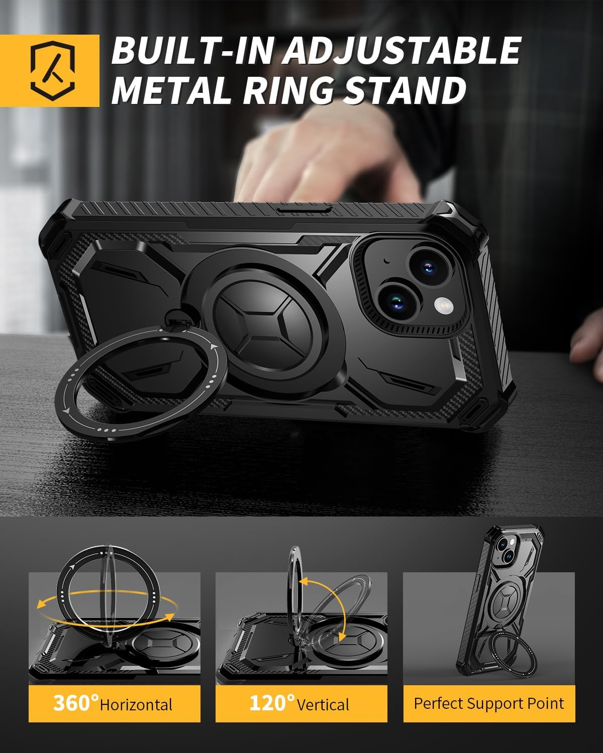 Lanhiem for Iphone 14 Case/Iphone 13 Case with 2 Pack Screen Protector, Shockproof Military-Grade Protection, Magnetic Kickstand Phone Case for Iphone 14/13, Black image number 7