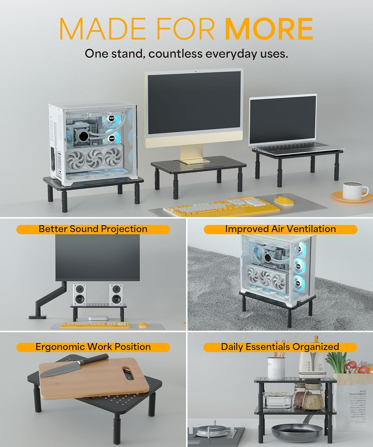 Neatzon Universal Monitor Stand 2 Pack &ndash; 3-Height Adjustable Desktop Riser for Screens, Laptops, and Storage, 6 Cable Management Ties, Easy Assembly, NZ-STAND-01 image number 6