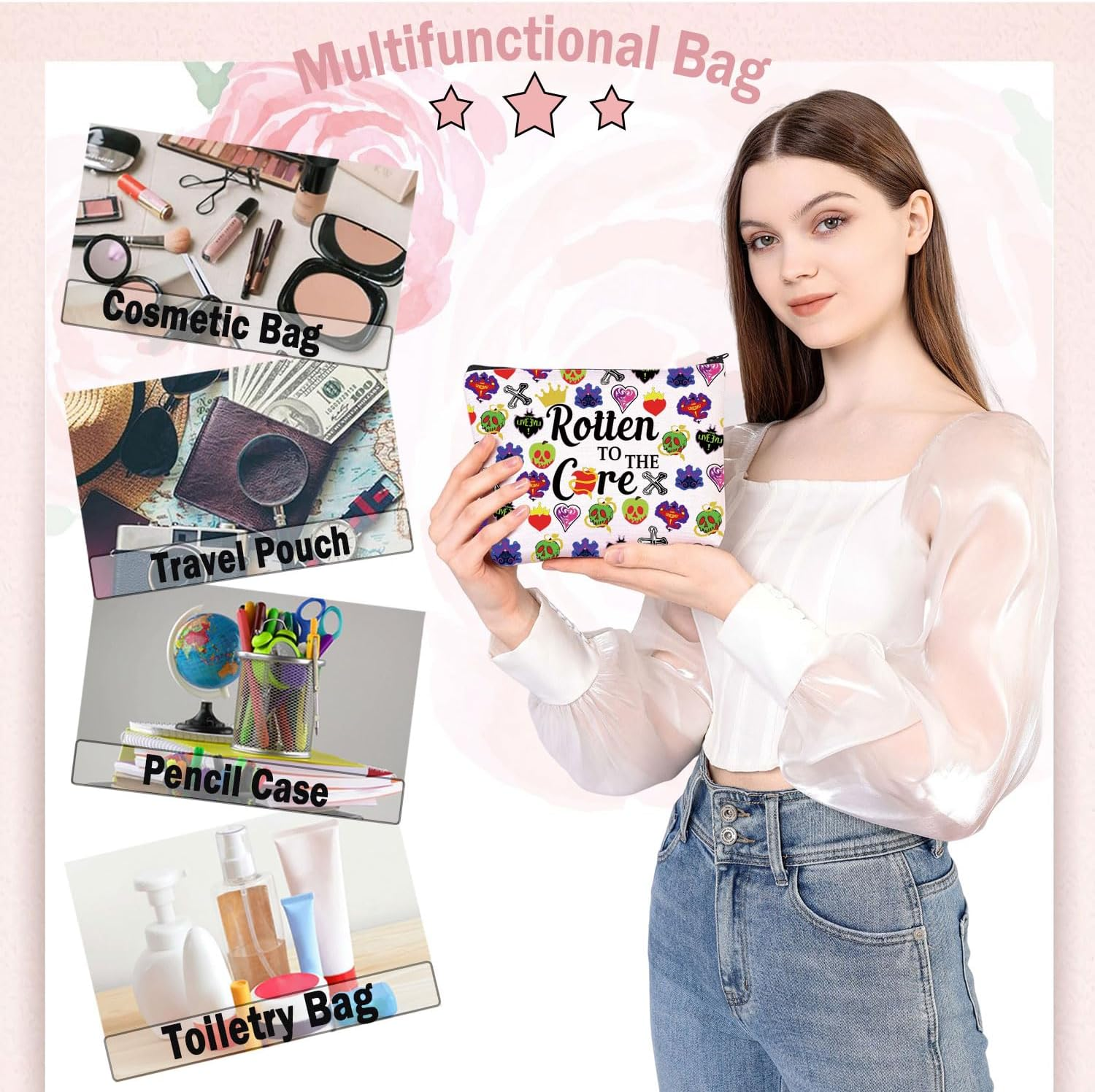 BDPWSS Descendants Makeup Bag Descendants Fans Gift Rotten to the Core Zipper Pouch Evil Queen Fans Gift Villain Lover Gift, Rotten to Core, Waterproof