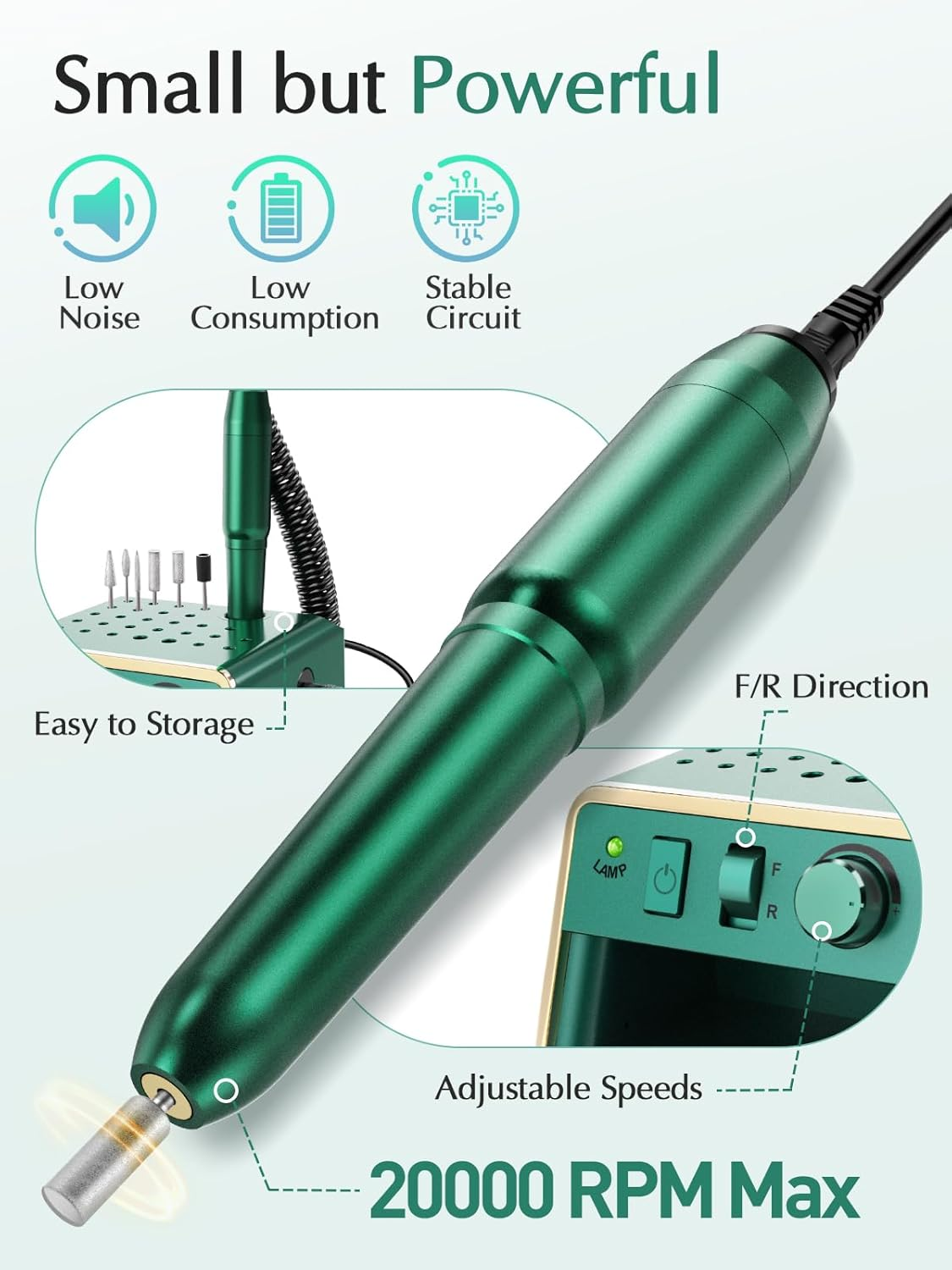 Beloving Nail Drill Machine, 20000 RPM Electric Nail Drill for Acrylic Gel Nails, Portable Professional Electric Nail File Tools with 100PCS Sanding Bands and 6 Nail Drill Bits - Green image number 6