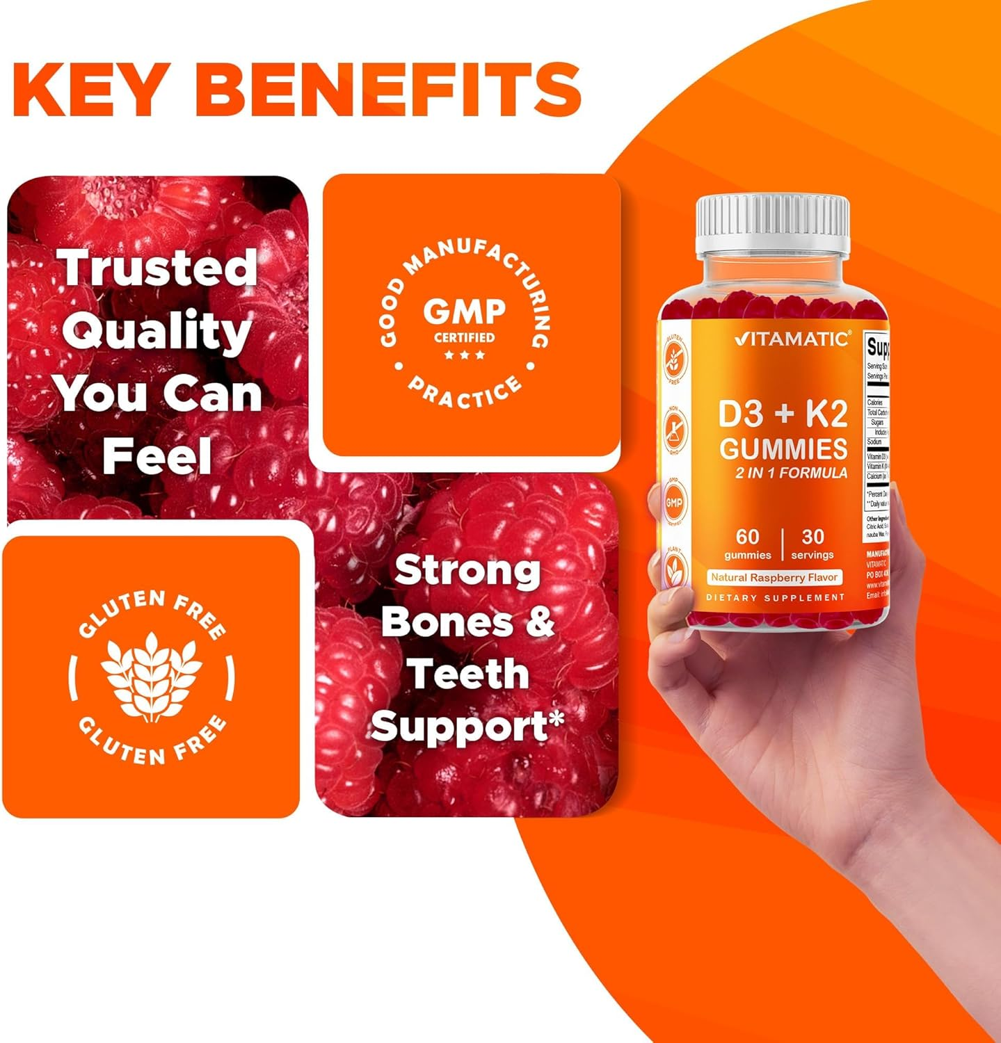 Vitamatic Vitamin D3 K2 Gummies - 60 Count - Supports Healthy Bone, Heart & Calcium Absorption, & Immune Health - Plant Based, Non-Gmo, Gluten Free