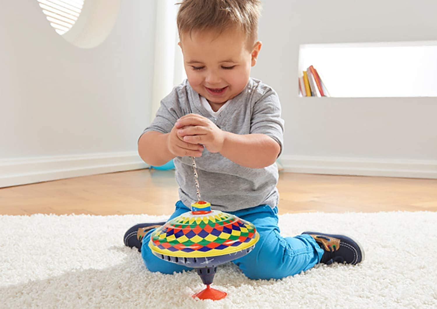 Lena 52225 Bolz Humming Multicoloured 19 Cm, Sheet Metal Swing, Classic Pump Spinner, Tin Colourful Motif, Stand, Toy Spinning Top for Children from 18 M, L/B/H: 19 X 19 X 21 Cm image number 2