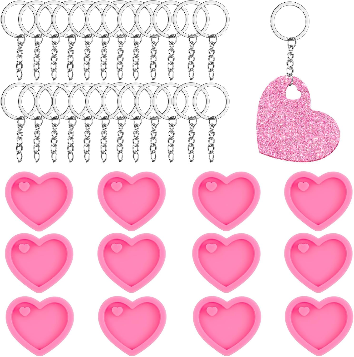 12 Pcs Heart Resin Silicone Keychain Molds with Hole, Valentine'S Day Mould, Keychain Mould Crafts Epoxy Resin with 24 Pcs Key Rings for DIY Decoration, Homemade Dessert (Pink) image number 5