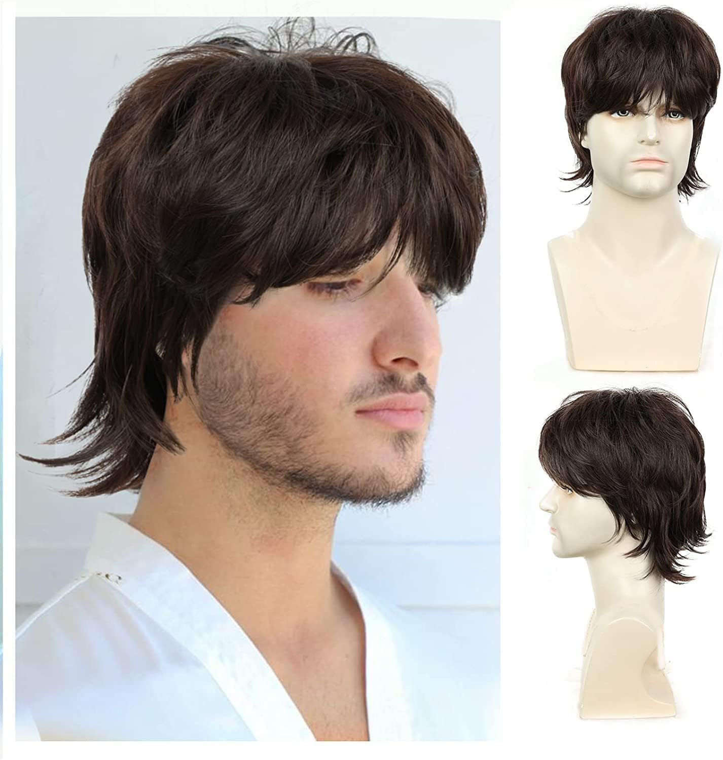 QUEENTAS Short Brown Wig for Men 70S Disco Rocker Punk Wig Mullet Wolf Men Hair Wigs for Daily Cosplay Synthetic Wig