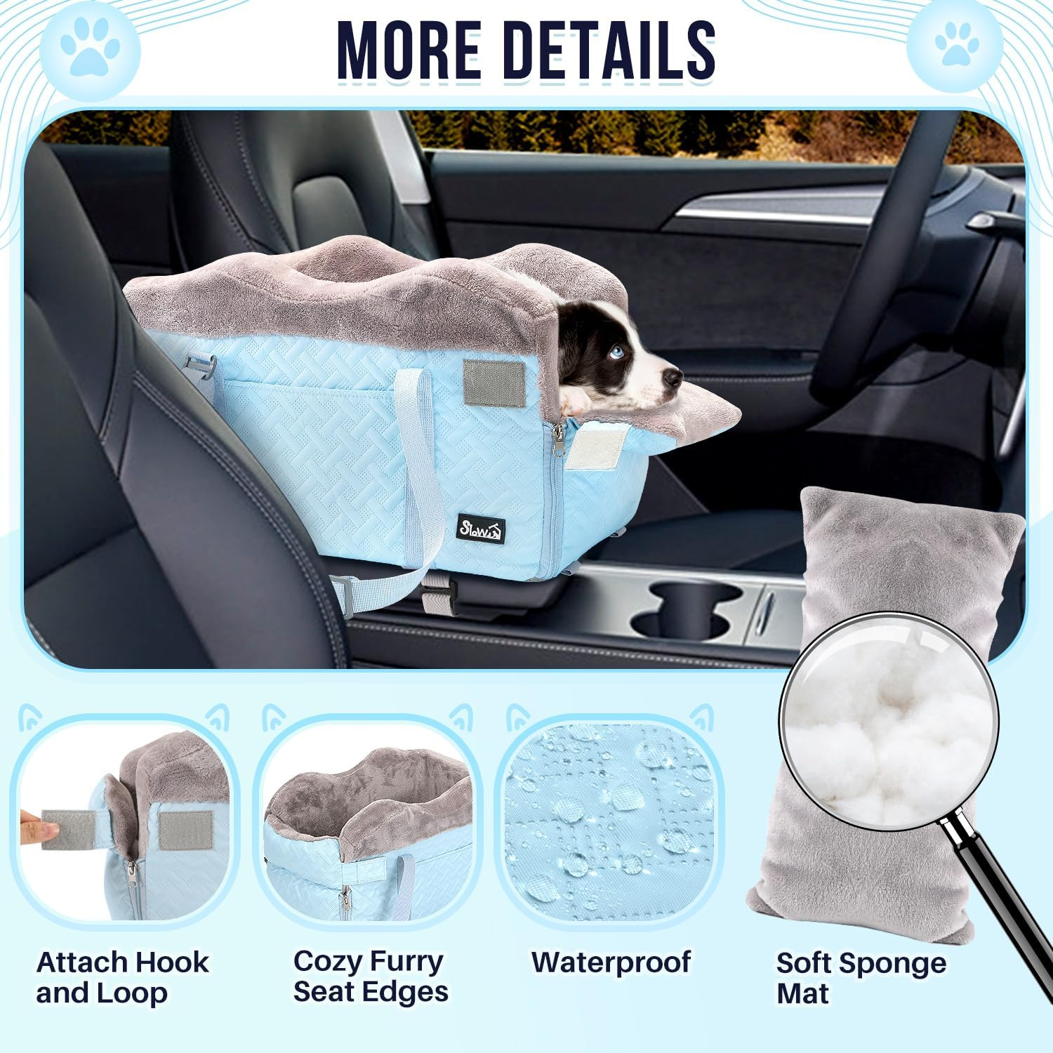 Slowton Center Console Dog Car Seat for Small Dogs - Comfortable Puppy Car Seat with Washable Cover Safety Leash and Storage Pockets, Portable Pet Carseat for Small Dog up to 9 Lbs image number 3