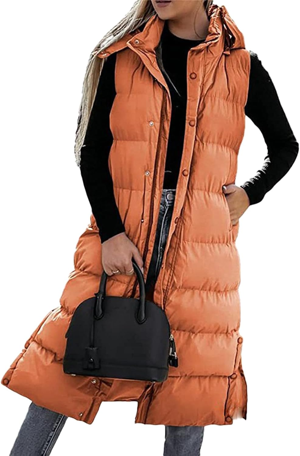 Long Puffer Vest Women, 2025 Hooded Button down Quilted Vest Women, Fashionable Versatile, Lightweight Puffy