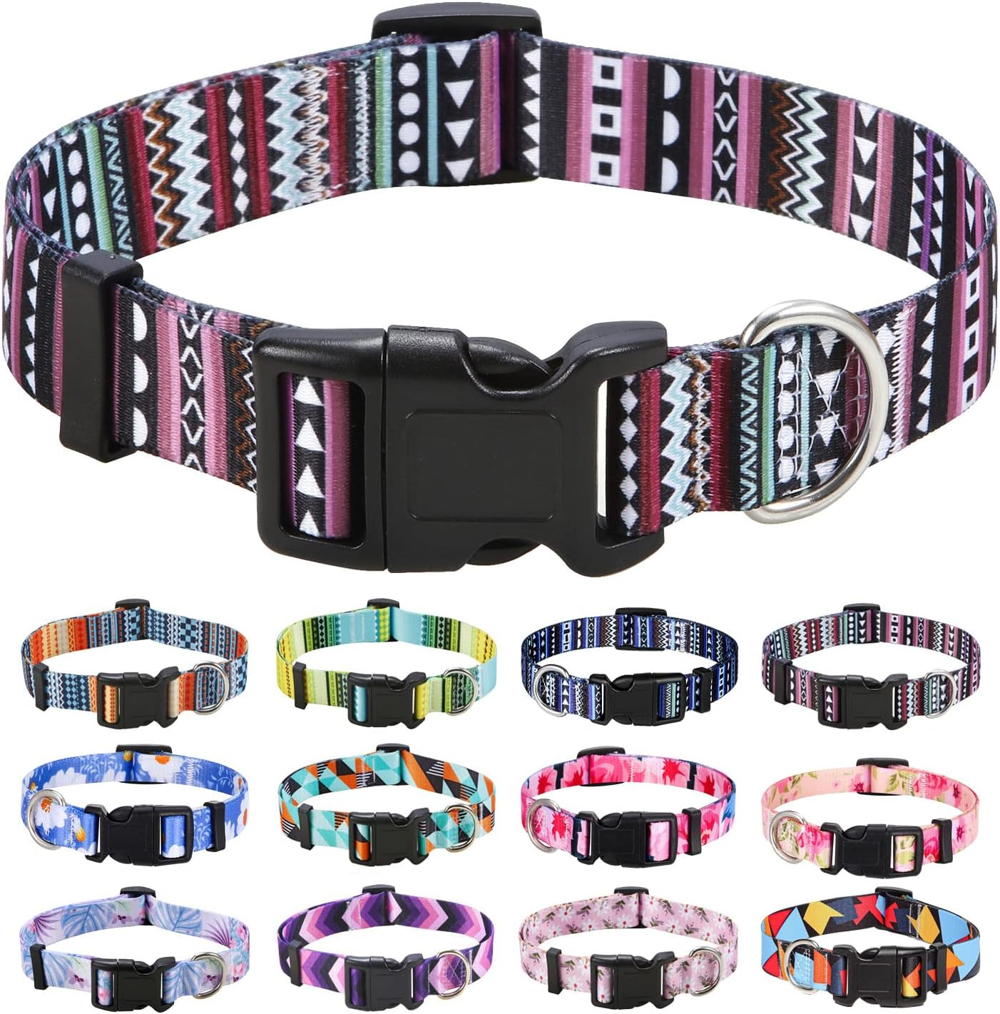 Mihqy Dog Collar with Bohemia Floral Tribal Geometric Patterns - Soft Ethnic Style Collar Adjustable for Small Medium Large Dogs