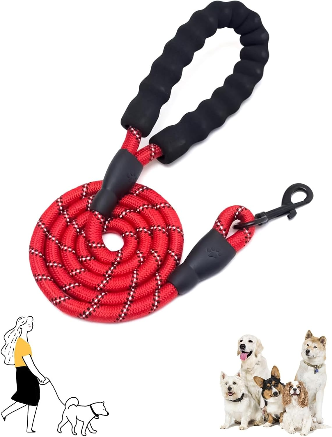 Alxmunao Reflective Anti-Pull Dog Lead with Foam Handle, Durable Nylon Leash for Small Medium Dogs Walking Training (Multiple Colors) (Red) - Black image number 5