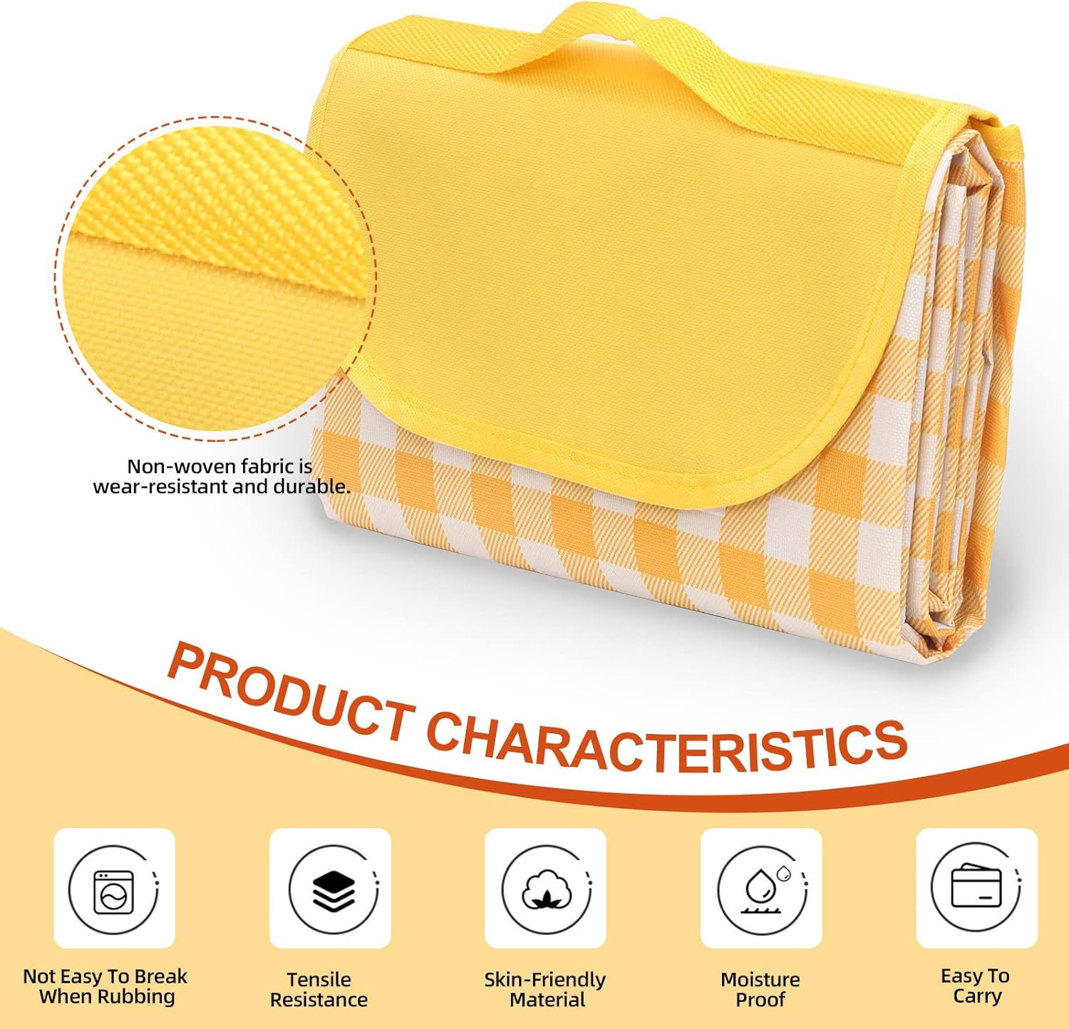 Tanstic Outdoor Picnic Blanket, 79" X 79" Extra Large Waterproof Foldable Beach Mat with Carry Strap for Camping Park (Yellow & White Lattice) image number 5