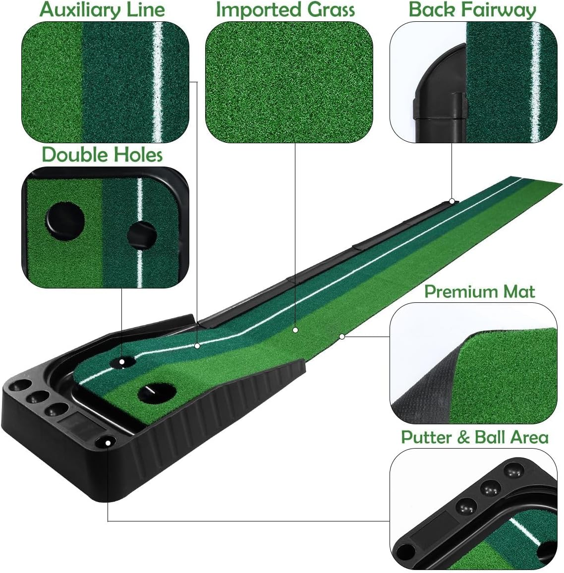 GENKI 2.5M Golf Putting Mat Practice Putter Greens Trainer Indoor Outdoor Training Aid with Auto Ball Return Driving Exerciser Portable Grass Turf Fairway