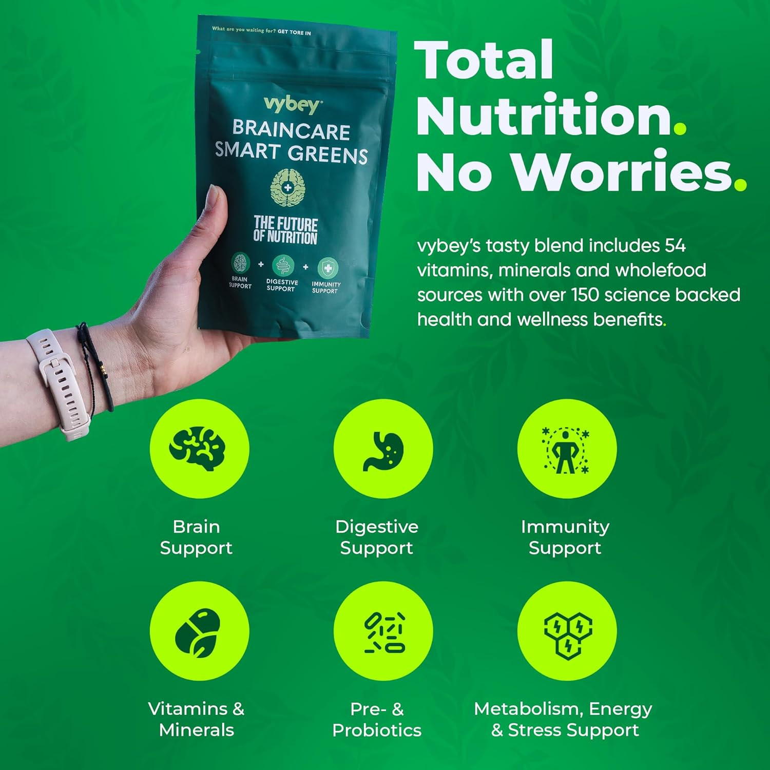 Vybey&reg; Braincare Smart Greens | 54 Nutrient-Rich Formula | Superfoods + Nootropics & Adaptogens | Vegan & Gluten-Free | Mango | Reduces Bloating & Relieves Stress | 180G Pouch (15 Servings) image number 6