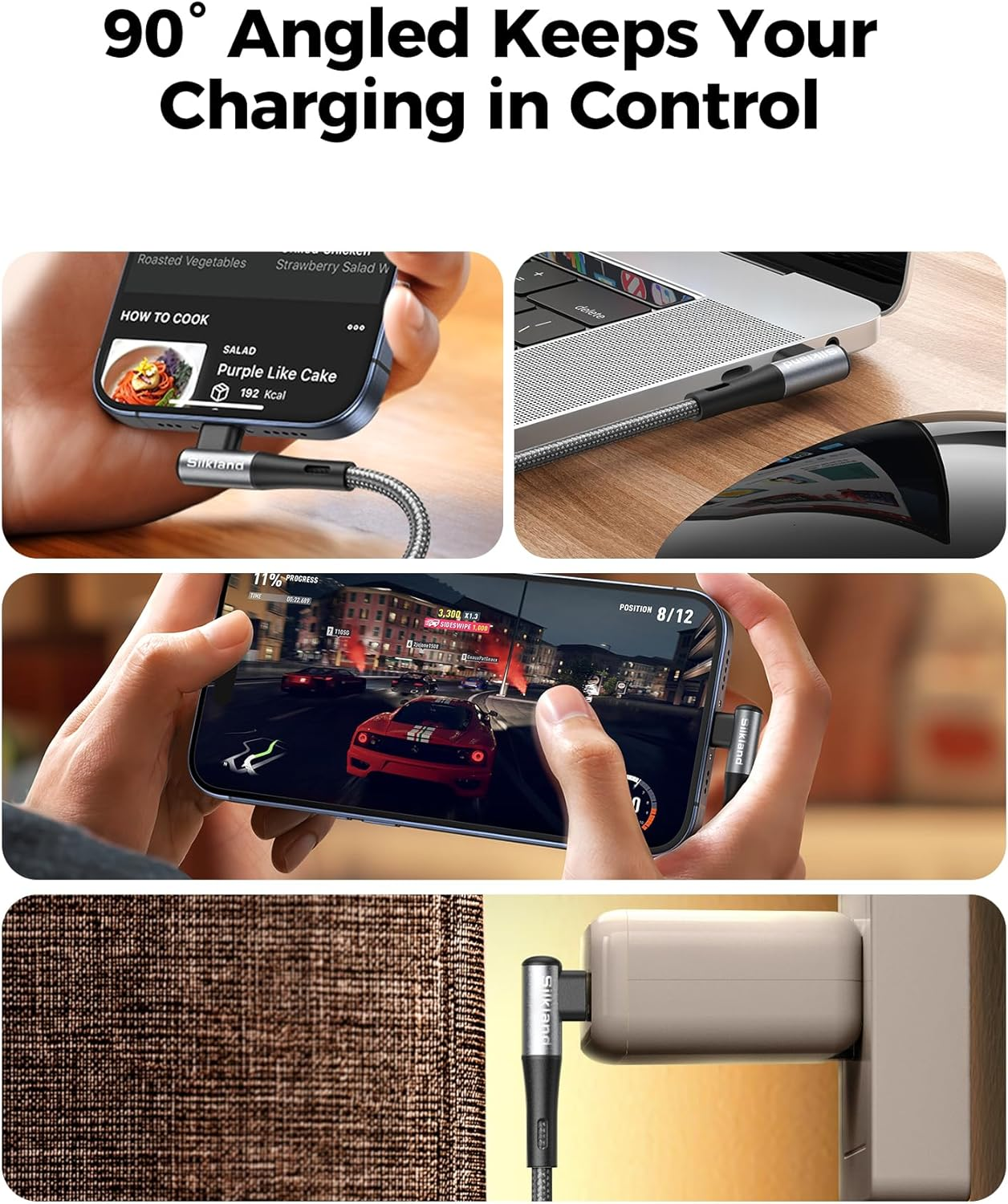 Silkland 240W Short USB C to USB C Cable (0.3M, 2Pack), Right Angle USB C Fast Charging Cable, Braided Type C Charger Cord for PD3.1, 100W, Compatible with Iphone 17/16, Macbook, Pixel, Samsung image number 6