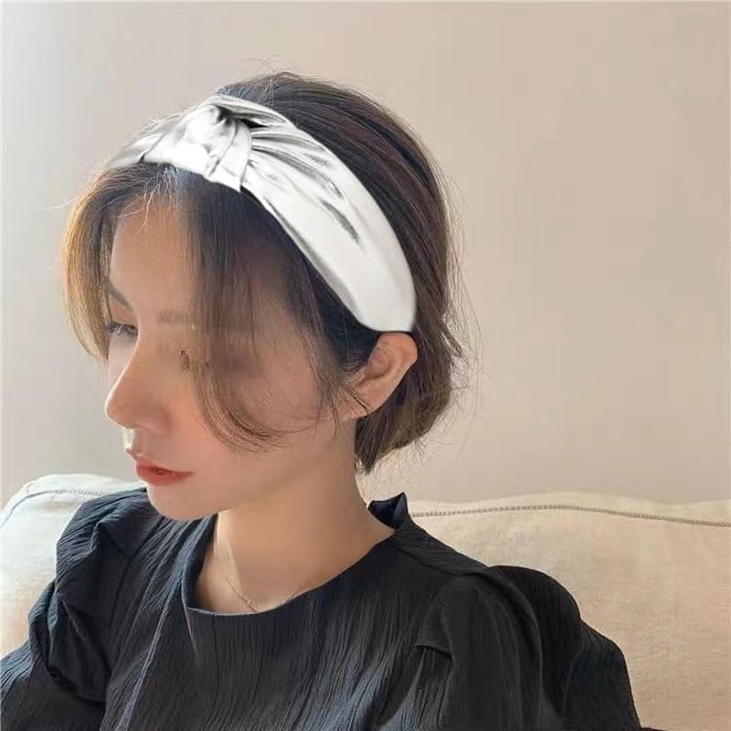 Leather Knotted Headband Silver Bowknot Headbands for Women Girls Cross Knot Hairband Wide Turban Headband for Women image number 4