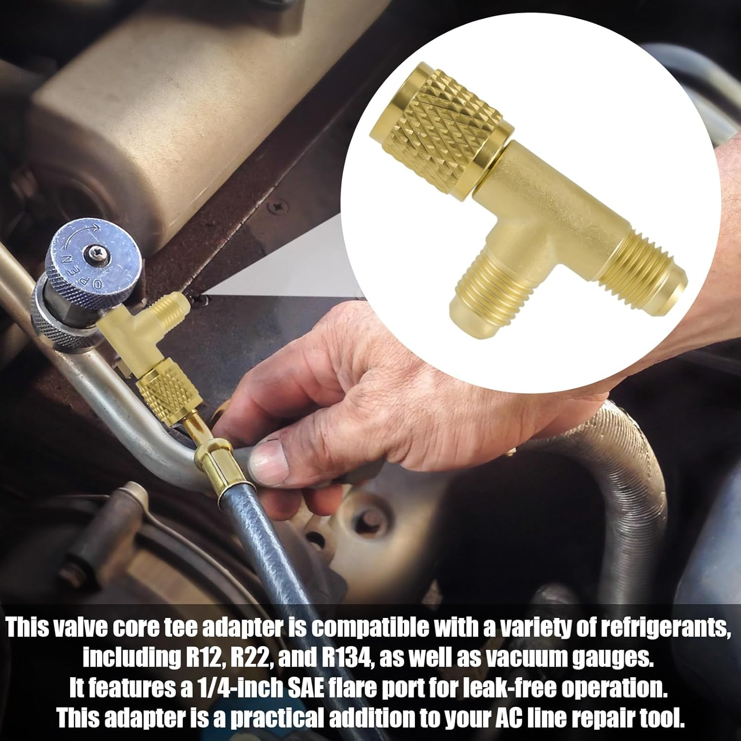 2Pcs Quick Coupler Access Tee, 1/4'' Brass SAE Valves Core Tee Adapter Air Conditioning Parts for R22 R12 R134 Gauge Deep Vacuum Pump Manifold image number 5