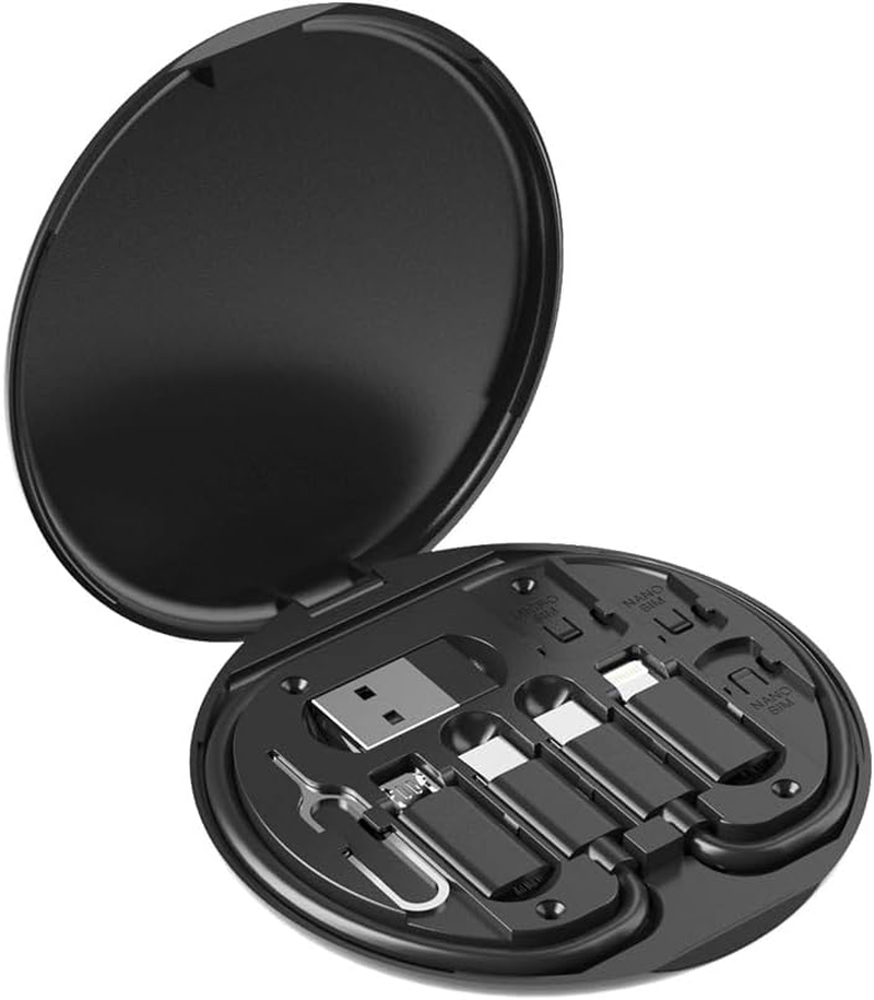 Multifunctional Data Cable Storage Box Adaptor for Lightning, USB-C and Micro-Usb Devices Universal Data Transfer Cable (Black)