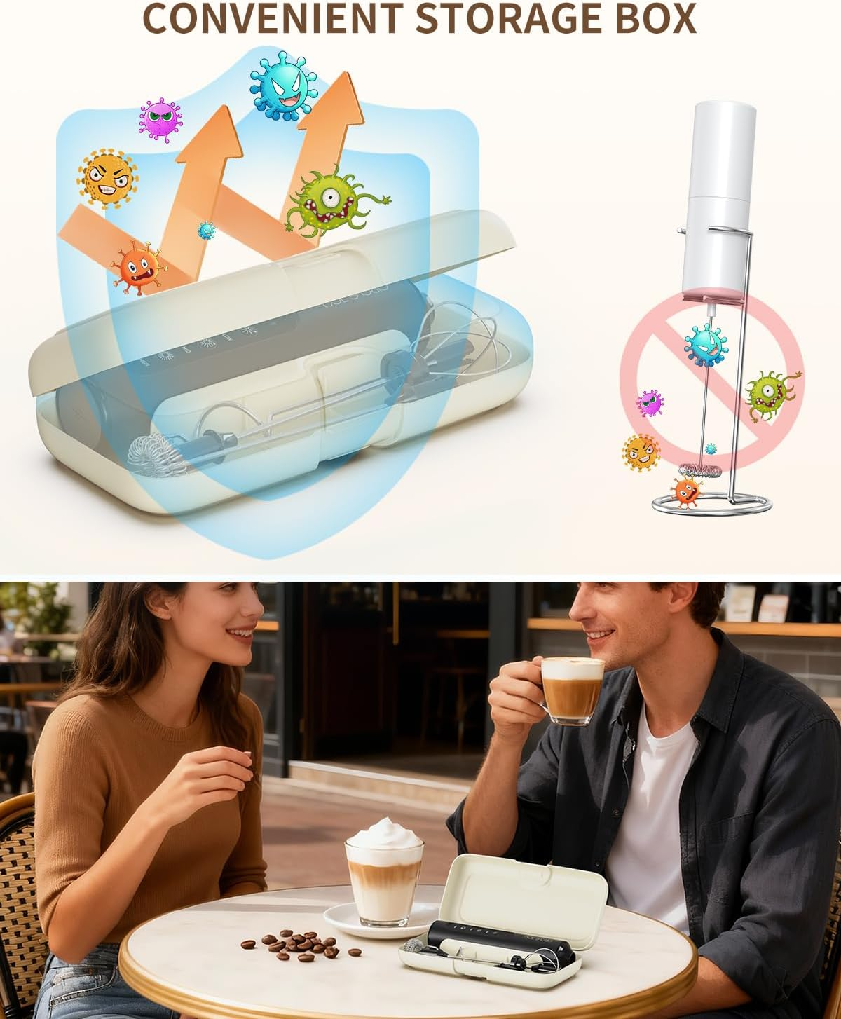 CIRCLE JOY Rechargeable Handheld Milk Frother Wand with 3 Variable Speeds, 3 Whisks and Storage Box, Electric Drink Mixer for Latte, Cappuccino, Hot Chocolate, Eggs and Protein Powder, Black image number 4