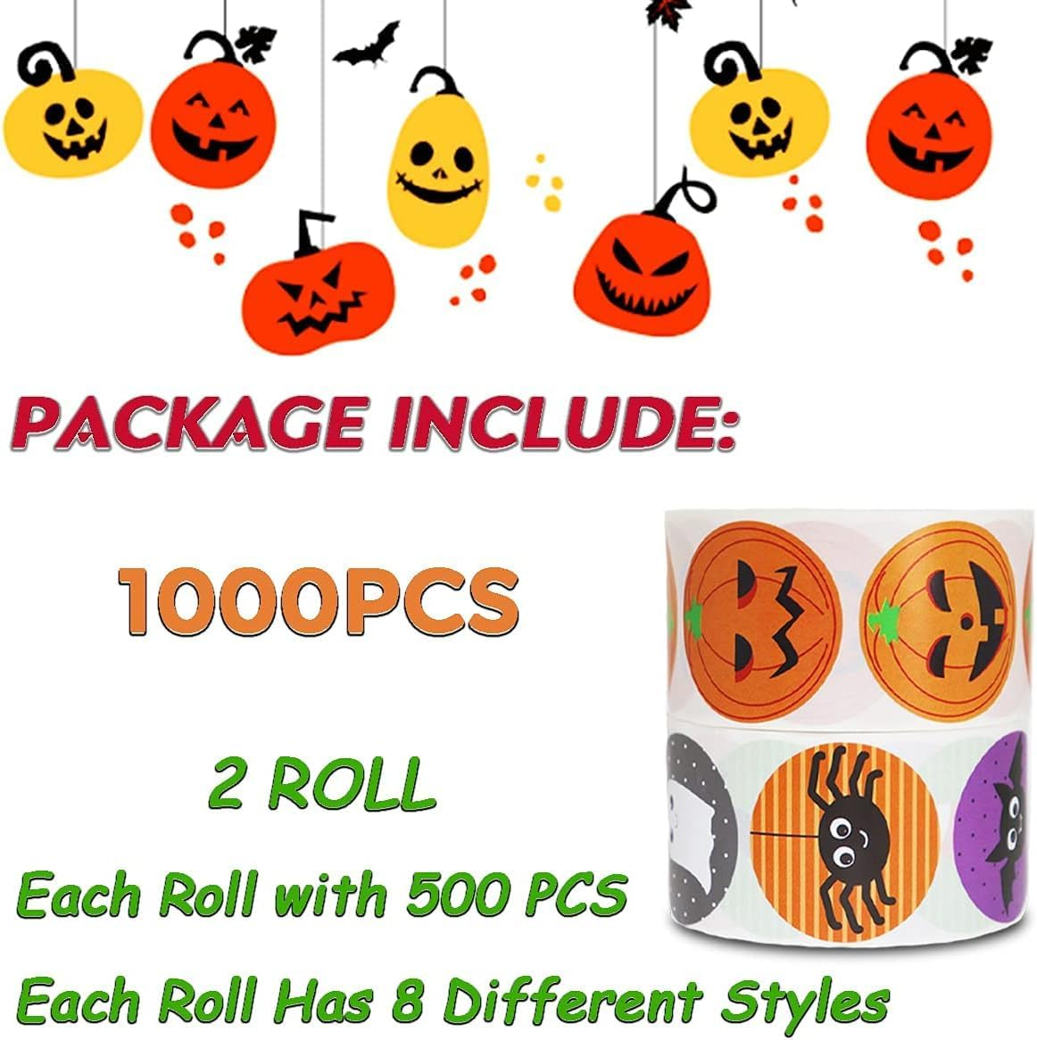 Halloween Stickers for Kids, 1000 Pcs Byhoo Halloween Pumpkin Bat Spider Stickers Roll, 16 Vibrant Colors and Designs, round Seal Label Stickers, Envelope Seals Paster for Halloween Party Decorations image number 5