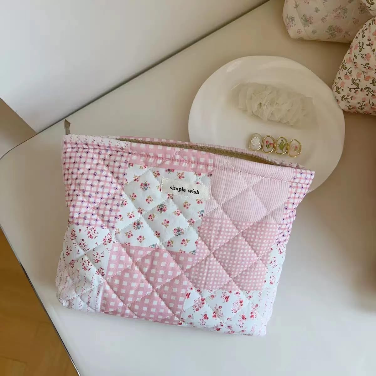 Uekeboag Quilted Floral Cotton Makeup Pouch,Coquette Quilted Cosmetic Bag for Women and Girls, Aesthetic Organizer Bag, Flower Cute Travel Toiletry Bags, Patchwork Pink, Vintage Chic image number 5