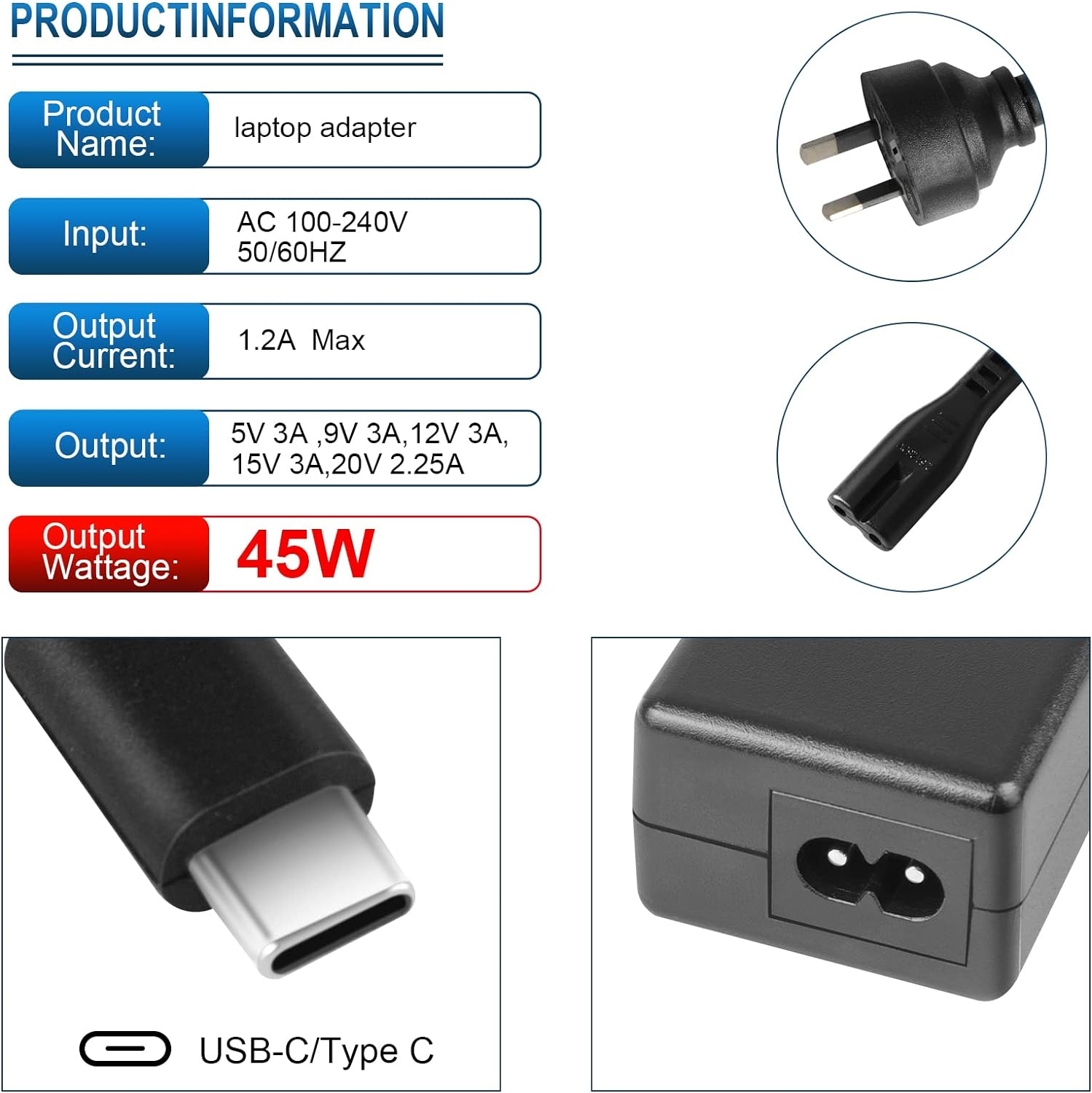 45W USB Type C Charger Power Adapter for Hp Chromebook 14 Charger,Hp Spectre X360 Hp Chromebook 11 Charger,Lenovo Chromebook S330 C330 Flex 5 Yoga 720,Acer Chromebook C732 C733 Power Supply Cord image number 3