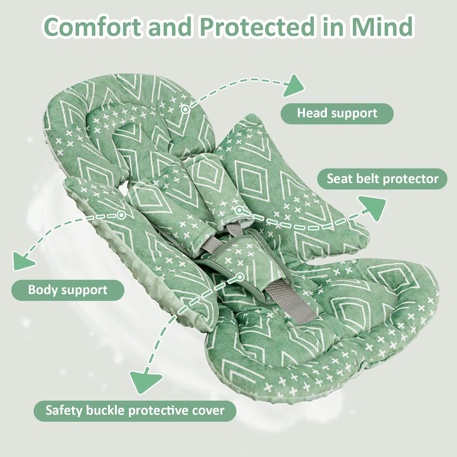 TANOFAR Car Seat Head Support Baby - Infant Car Seat Insert for Newborn Girls Boys - Soft Carseat Head Support for Infant - Newborn Carseat Insert for Car Seats, Strollers, Swings, Bouncer (Green)