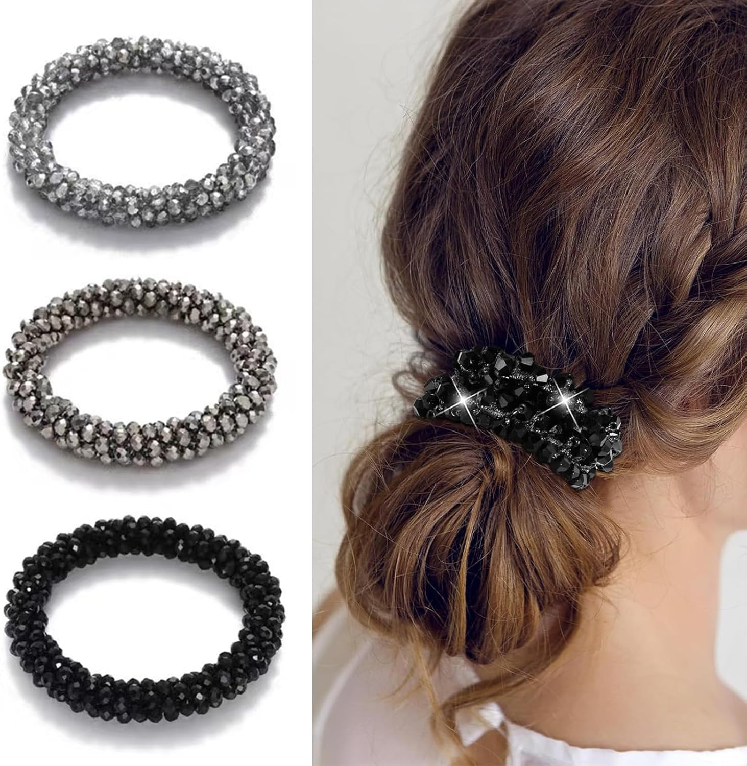 Tavvke 3 Pcs Rhinestone Hair Ties, Crystal Elastic Scrunchies, Non-Slip Beaded Ponytail Holders, Sparkly Hair Accessories for Women and Girls image number 3