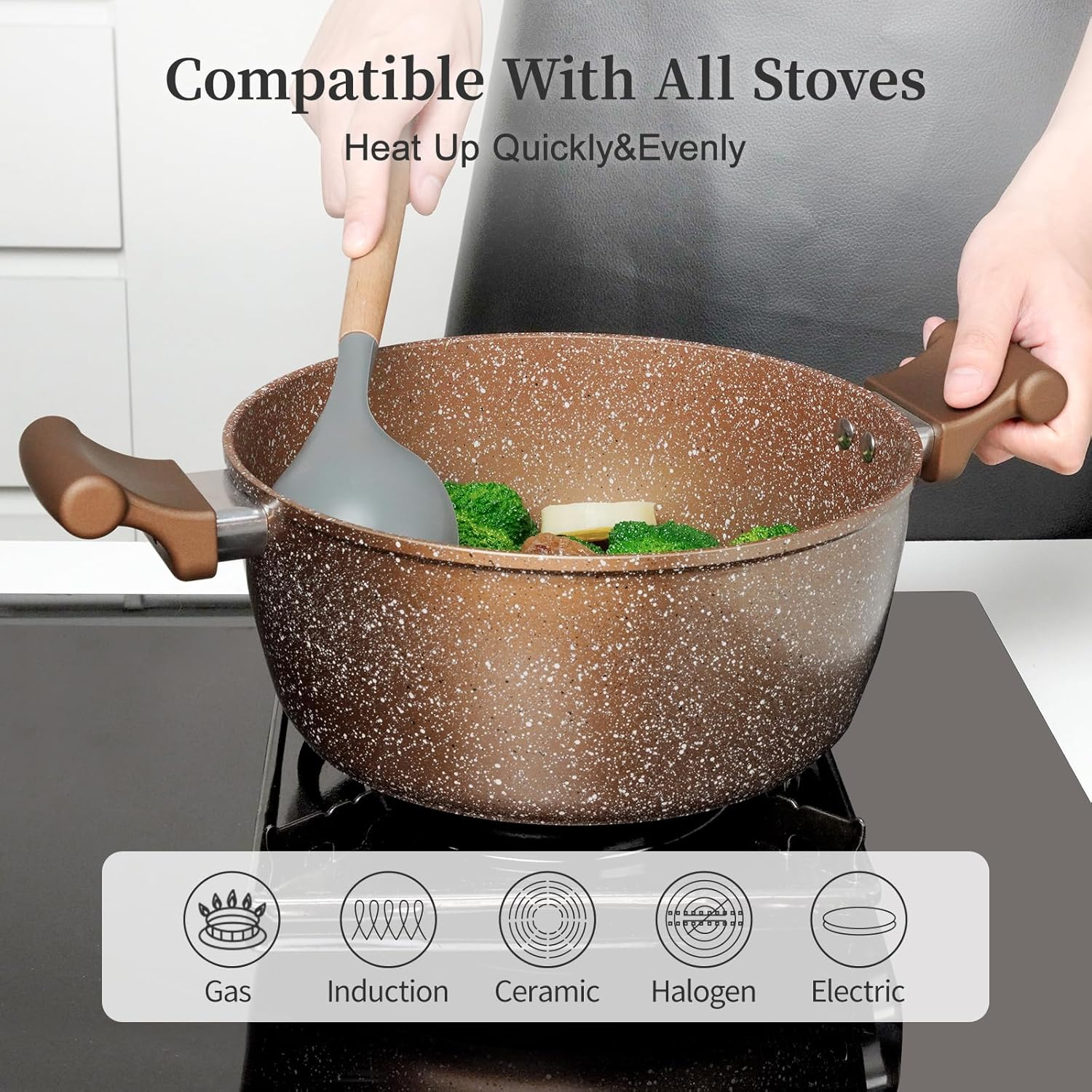 Innerwell Pots and Pans Set, 8 Pieces Non Stick Cookware Set, Gold Granite Stone Nonstick Cookware Set, Induction Kitchen Cookware Sets, Cooking Set W/Frying Pan, Saucepan, Casserole, PFOA&PFAS Free - Gold image number 6