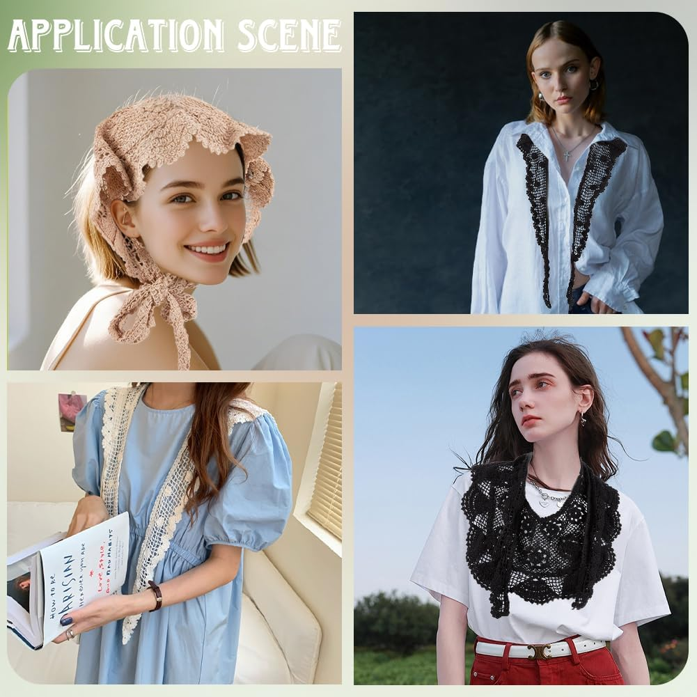 CABODYALS White Scarf Made of Floral Lace Knitted Bandanas Headbands Vintage Crochet Flower Pattern Small Cloths Removable False Collar Head Wrap Scarves for Women Costume Accessories Decoration Hair image number 1