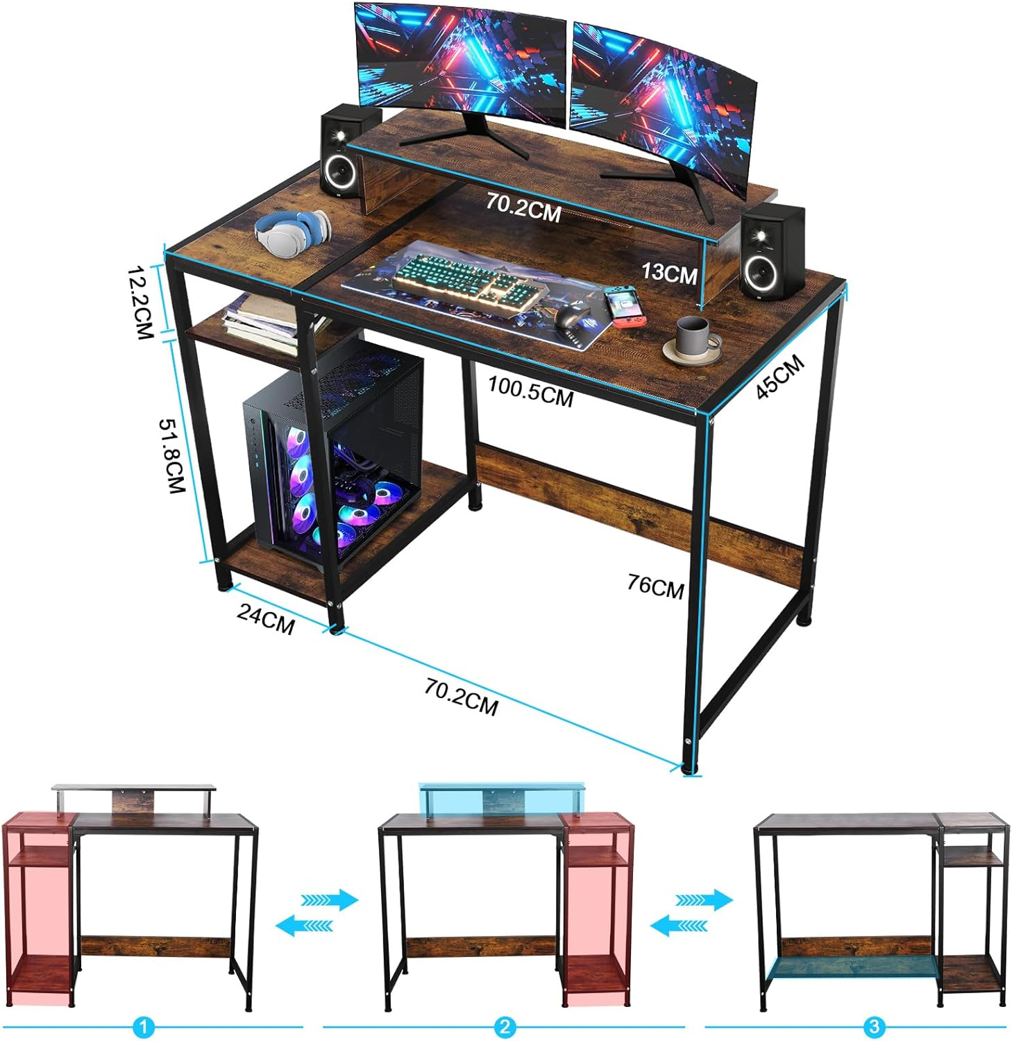 Computer Desk with Reversible Storage Shelves, Home Office Desk with Monitor Stand, Modern Simple Writing Table for Work Study Writing,100 * 45 * 76Cm image number 1