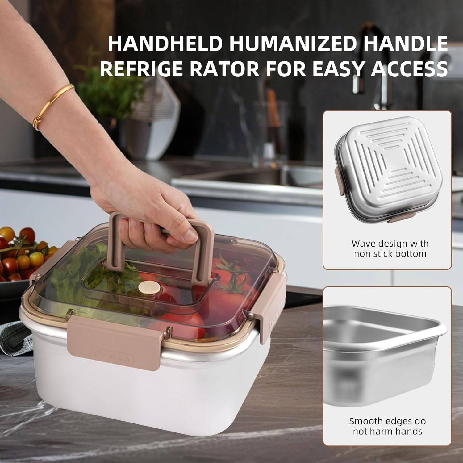 Food Storage Containers Outdoor 316 Stainless Steel Crisper Box Refrigerator Freezer Storage Box Fruit Seal Box Microwave Oven Heat-Resistant (2200ML) image number 1