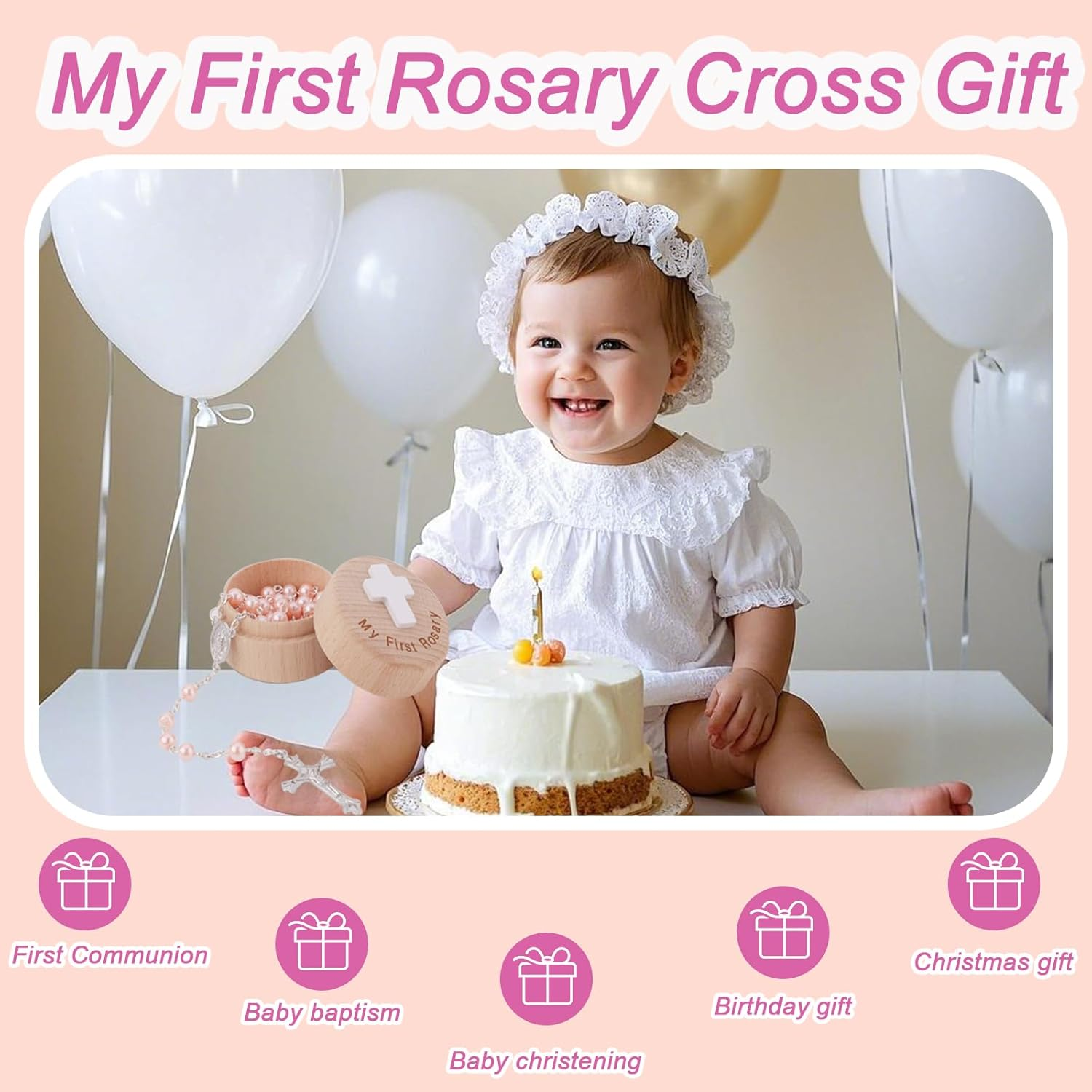 My First Rosary Baptism Gifts, Baptism Memorial Box Pink Rosary Necklace Beads Christening Gifts Catholic First Communion Gifts Rosary Box Holder for Women Baby Shower image number 1