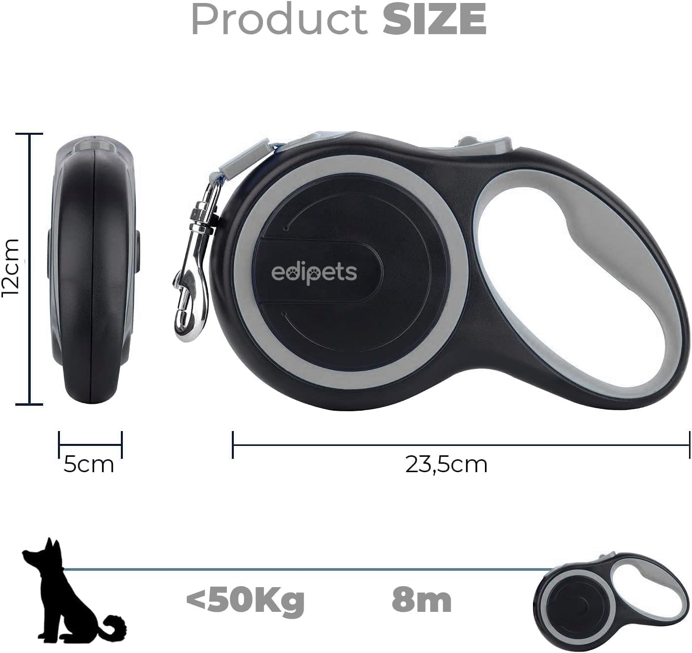Edipets, Extendable Retractable Dog Lead, 3, 5 and 8 Metres, Flexible Band for Right and Walking, Dog Leash, Reel Leash, Flexible Lead, Retractable (Grey, 8 Metres) image number 2