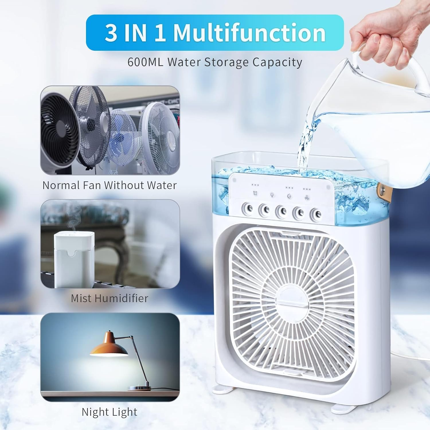 Air Fan, Evaporative Air Cooler with LED Nightlight, Timer, 3 Wind Speeds, 3 Spray Modes for Home, Office, Bedroom, Table, Desktop image number 3