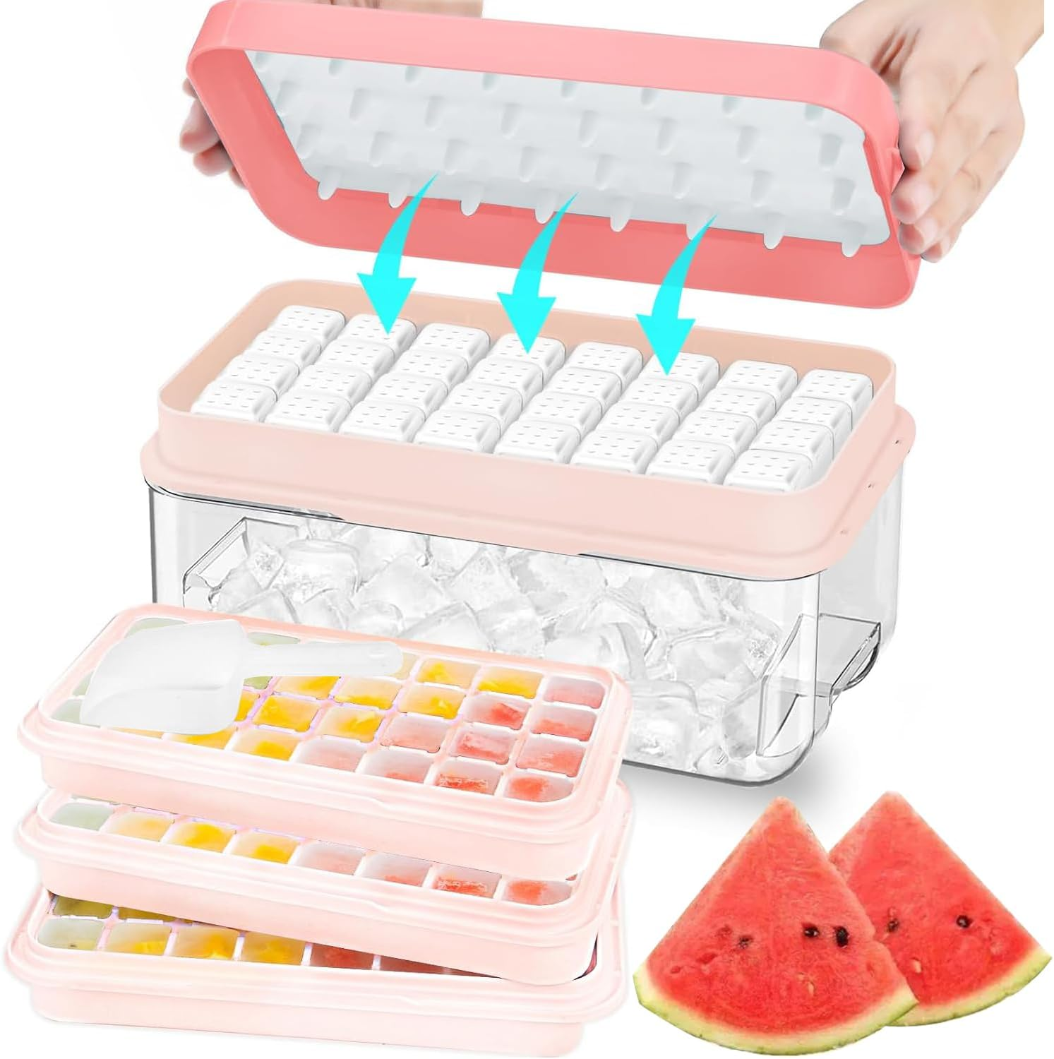 Ice Cube Tray, Ice Tray with Lid and Bin and Ice Scoop, Ice Cube Pop Out Tray, Ice Cube Trays for Freezer, Ice Cube Molds, BPA Free, Easy Release Stackble Spill-Resistant (Pink 3 Tier)
