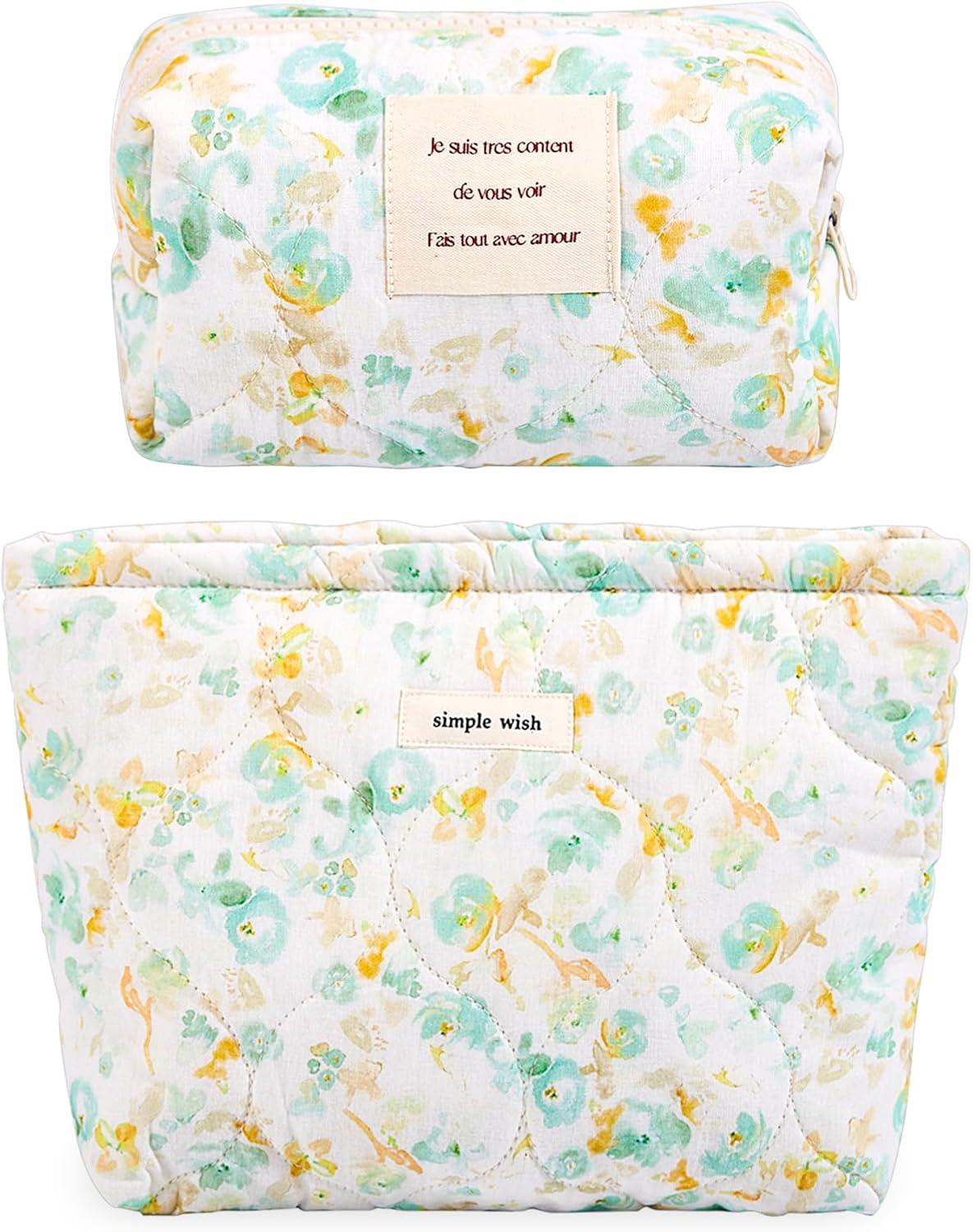 2 Pcs Floral Makeup Bag Large Travel Cotton Quilted Cosmetic Makeup Bag Organizer, Cute Coquette Aesthetic Zipper Portable Pouch Purse Storage Toiletry Bag for Women Girls Accessories, L-Green