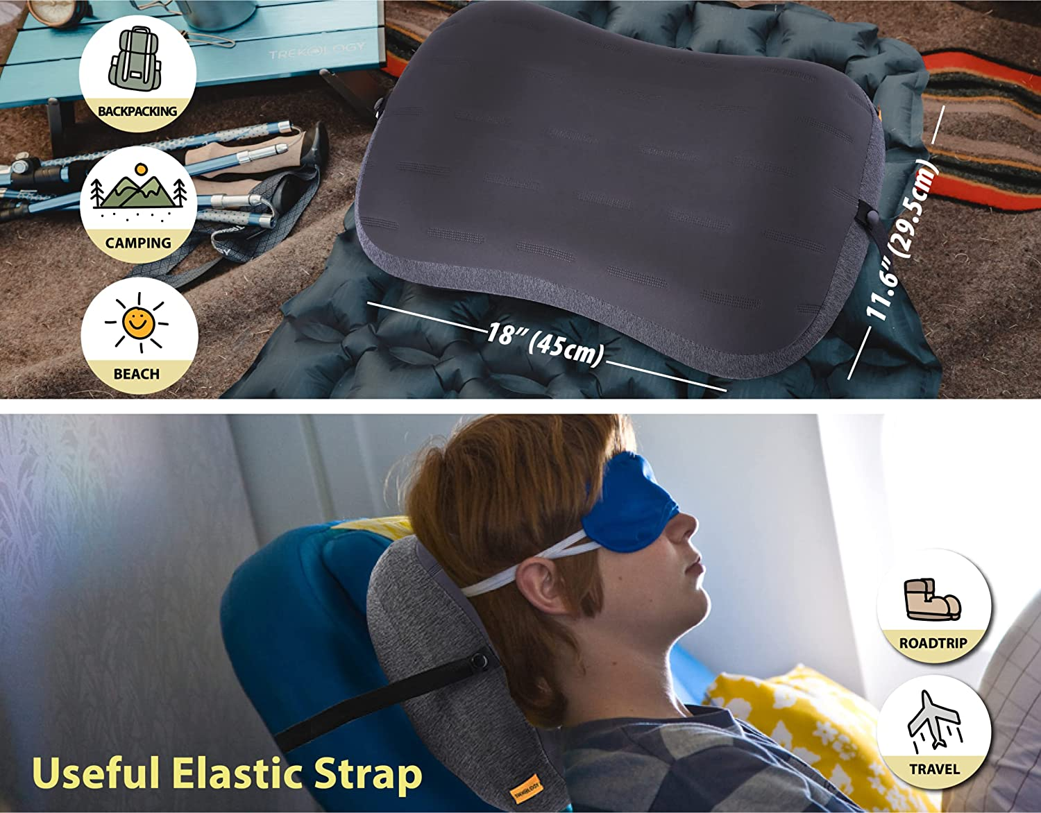 TREKOLOGY Aluft Pro Camping Pillow &ndash; Large Inflatable Travel Pillow with Removable & Washable Cover, Ultra-Lightweight for Backpacking, Hiking, Beach &ndash; Compact, Neck Support, Easy Inflation