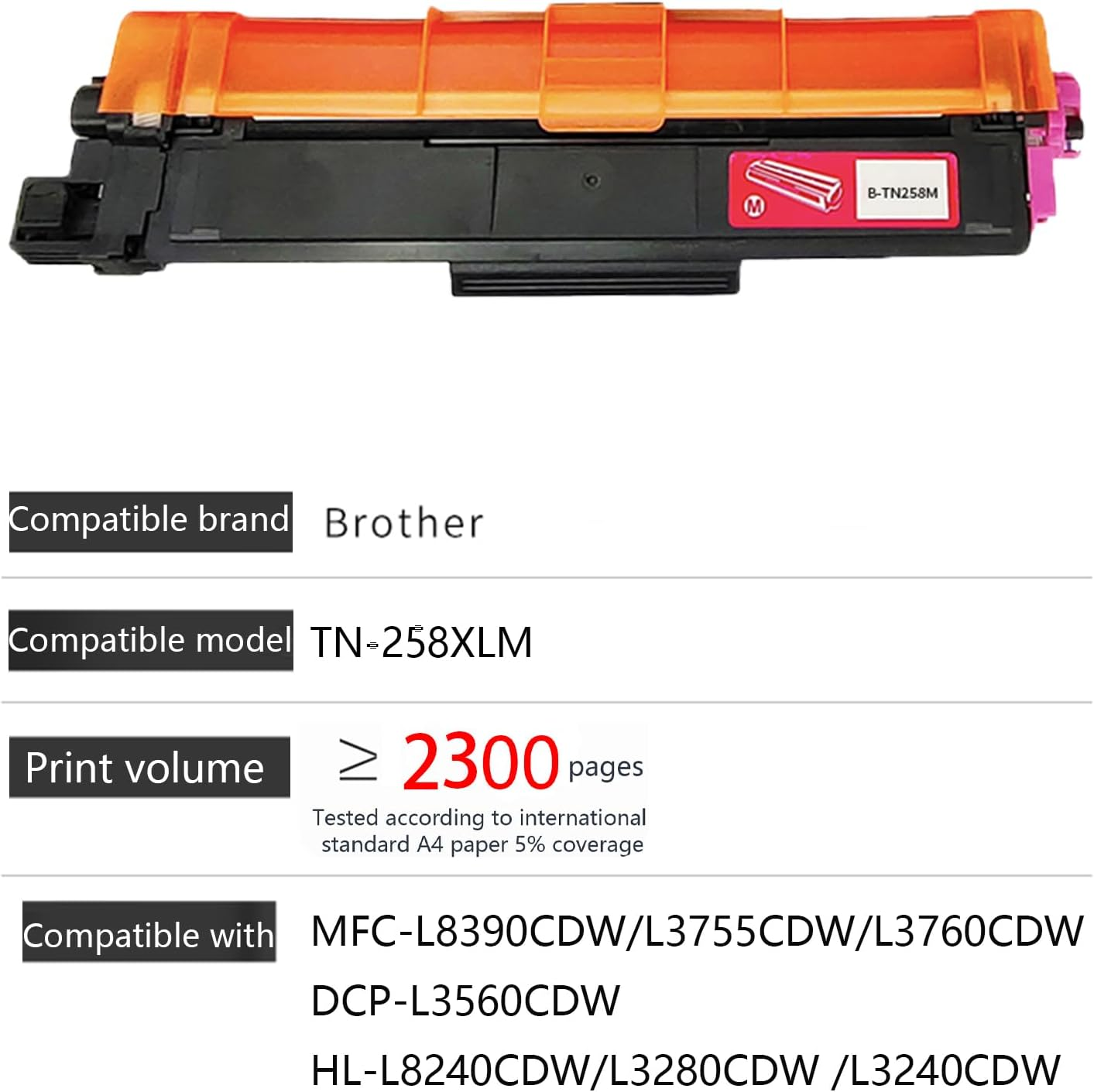 JOJOBE Planet TN-258XLM Compatible Toner Cartridge with Brother MFC-L8390CDW L3755CDW L3760CDW L8240CDW HL-L3280CDW L3240CDW DCP-L3520CDW L3560CDW , 2300 Pages per Cartridge Magenta image number 3