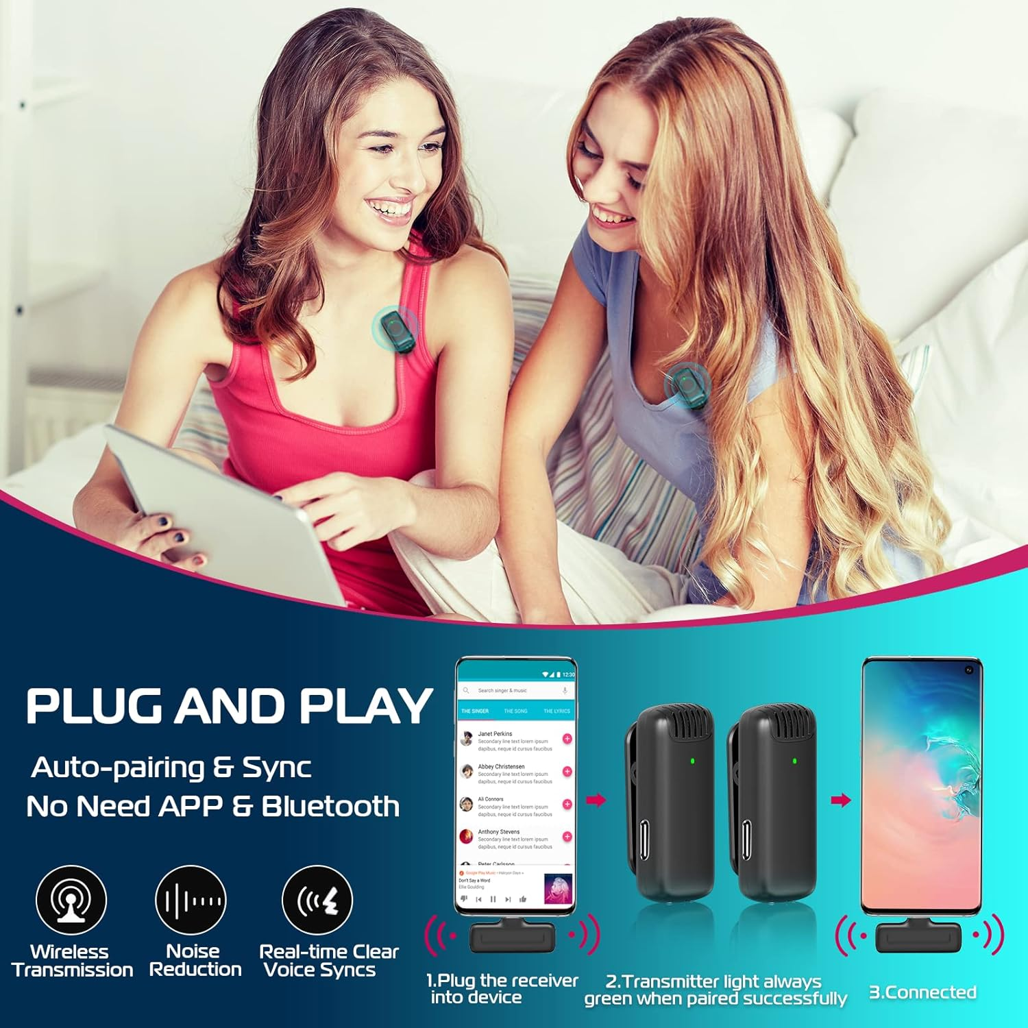 ULANZI J12 Wireless Lavalier Microphone for Typec Phone Iphone15 Iphone16, 2-In-1 Plug-Play Mic with Charging Case for Phone Video Recording Interview Youtubers Vloggers, 65Ft Transmission Range image number 2